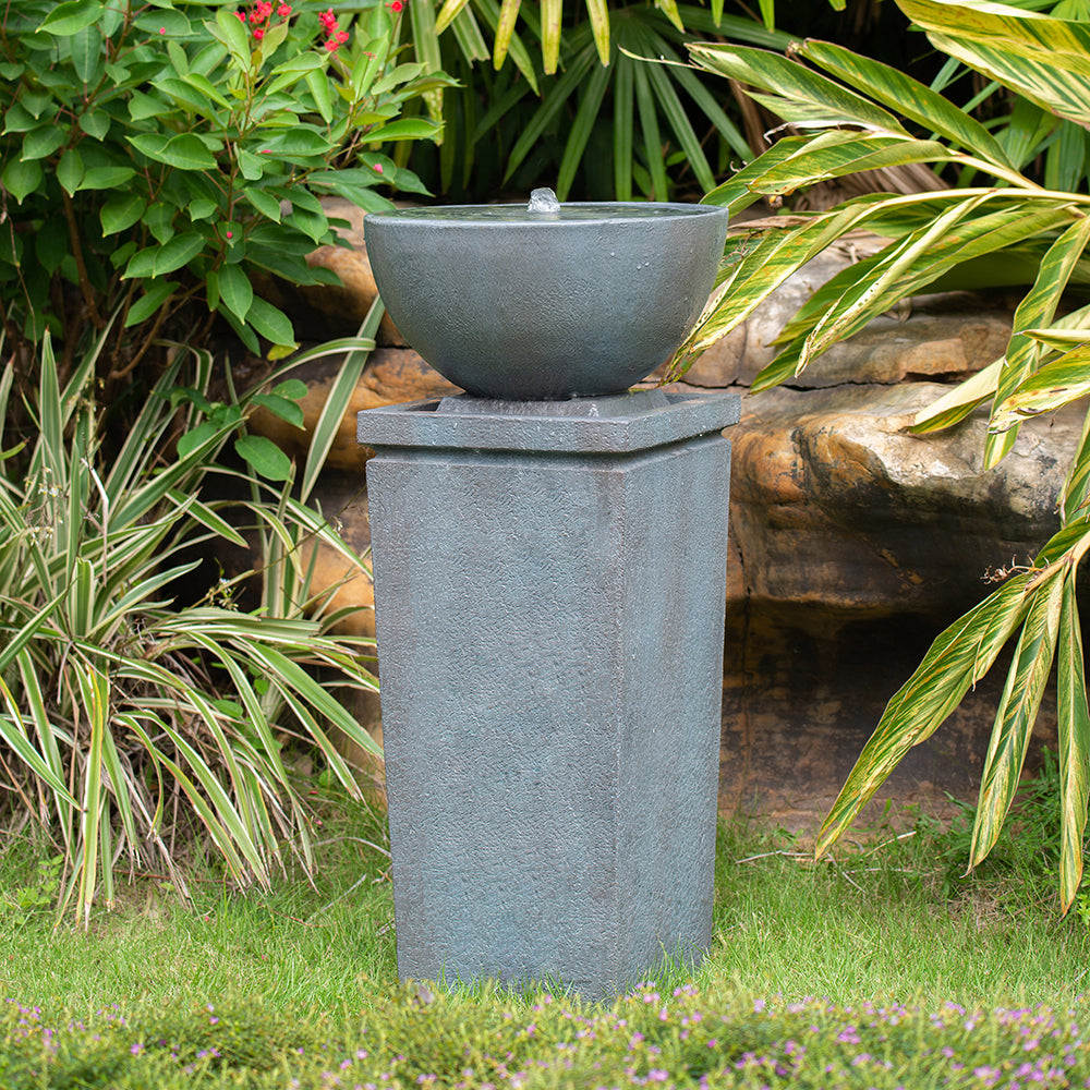 35.5" Polyresin Gray Zen Bowl Water Fountain, Outdoor gray-garden &