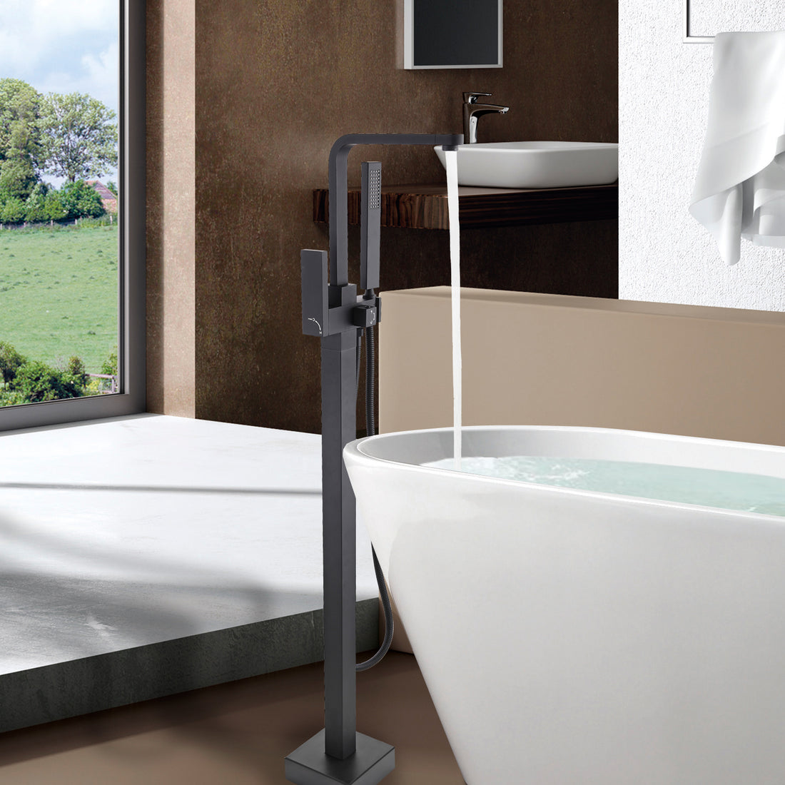 Freestanding Bathtub Faucet With Hand Shower Matte Black Metal