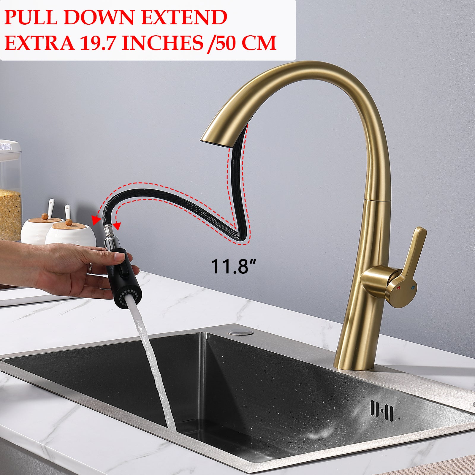 Single Handle Stainless Steel Pull Out Kitchen Faucet Brushed Gold Stainless Steel