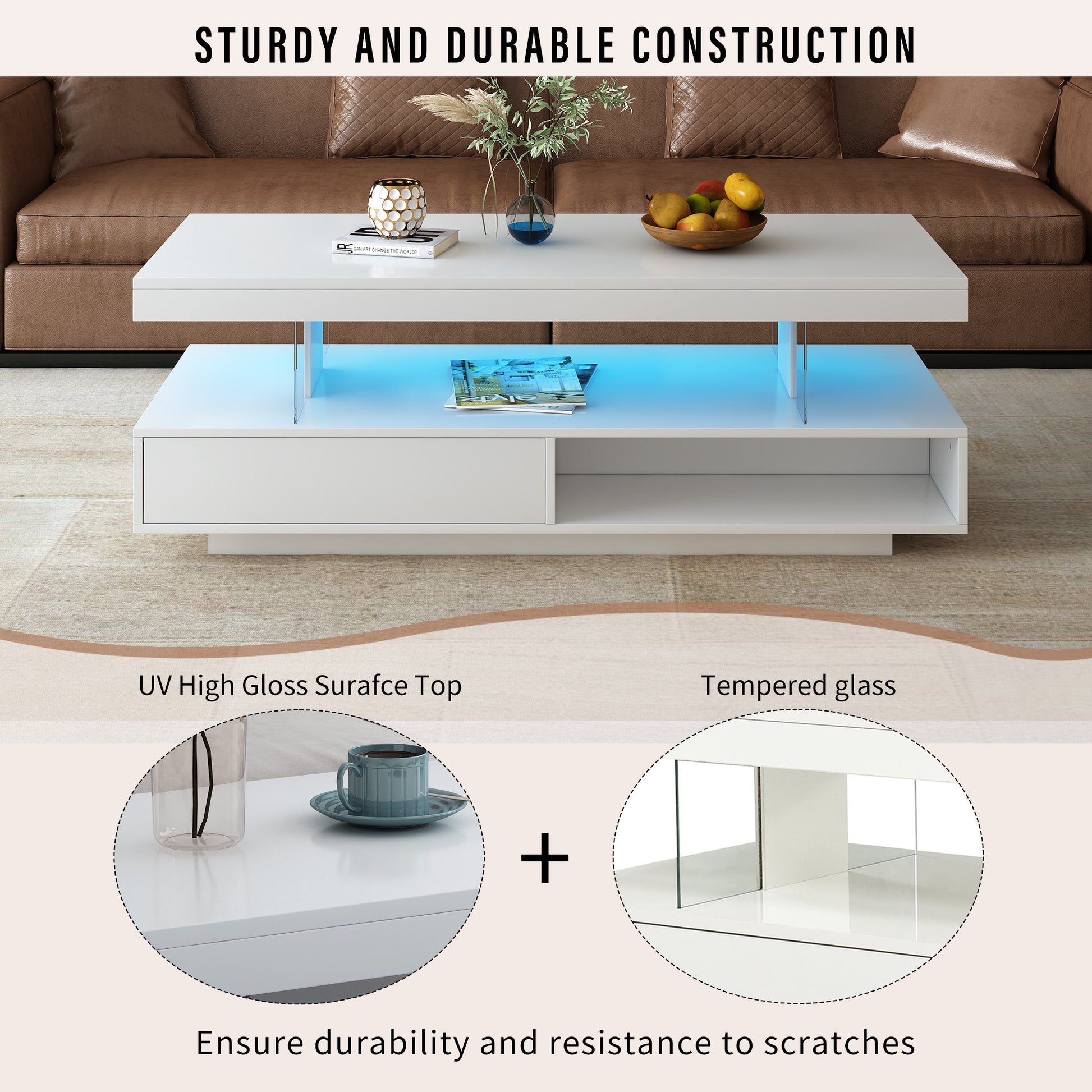 Led Coffee Table With Storage, Modern Center Table With 2 Drawers And Display Shelves, Accent Furniture With Led Lights For Living Room,White White Particle Board