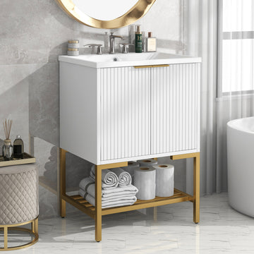 24" Bathroom Vanity With Sink, Bathroom Vanity Cabinet With Two Doors And Gold Metal Frame, Open Storage Shelf, White White Solid Wood Mdf