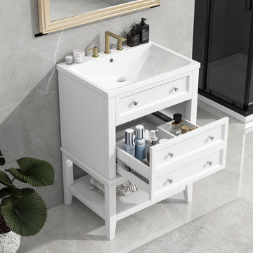 24" Bathroom Vanity With Sink, Bathroom Storage Cabinet With Drawer And Open Shelf, Solid Wood Frame, White White Solid Wood Mdf