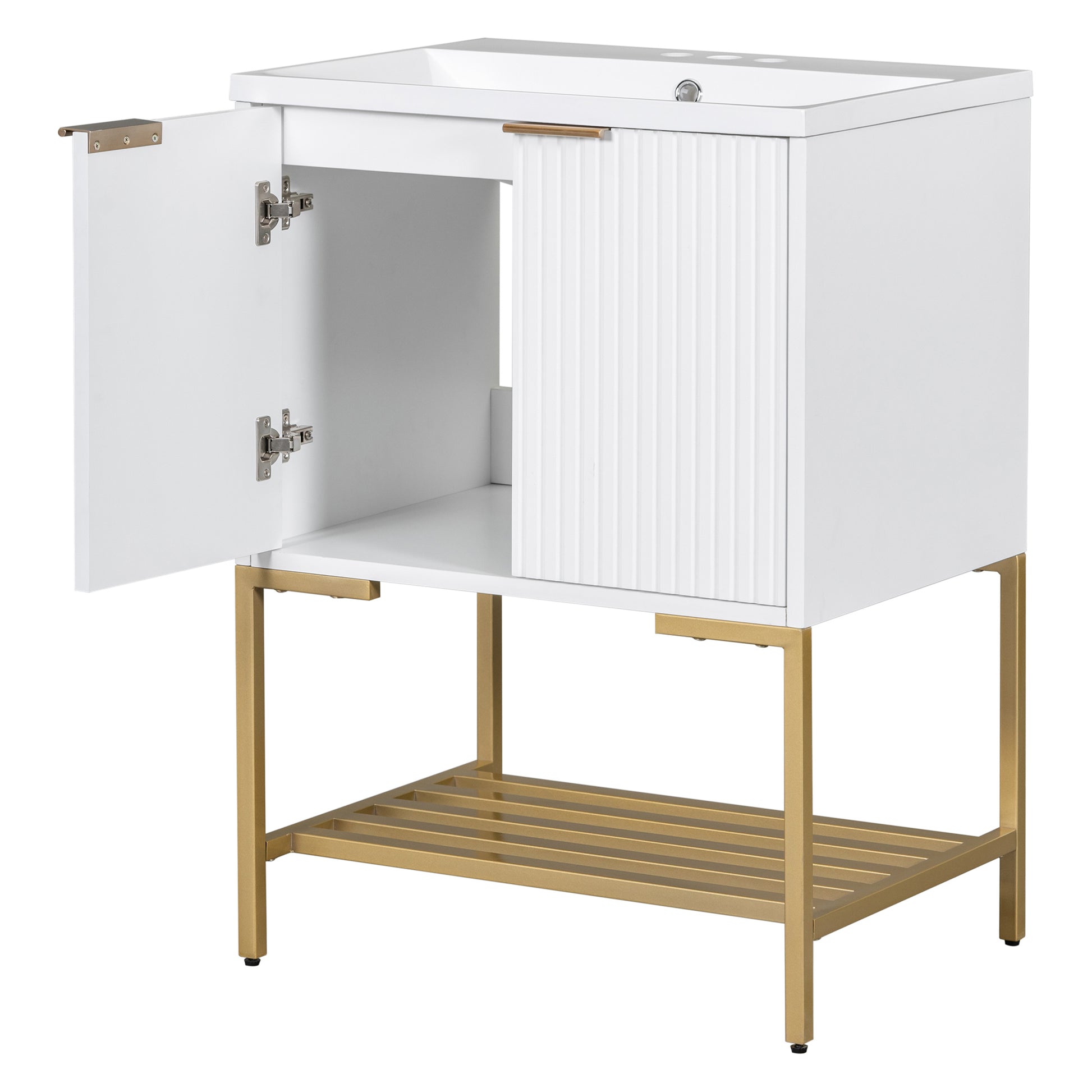 24" Bathroom Vanity With Sink, Bathroom Vanity Cabinet With Two Doors And Gold Metal Frame, Open Storage Shelf, White White Solid Wood Mdf