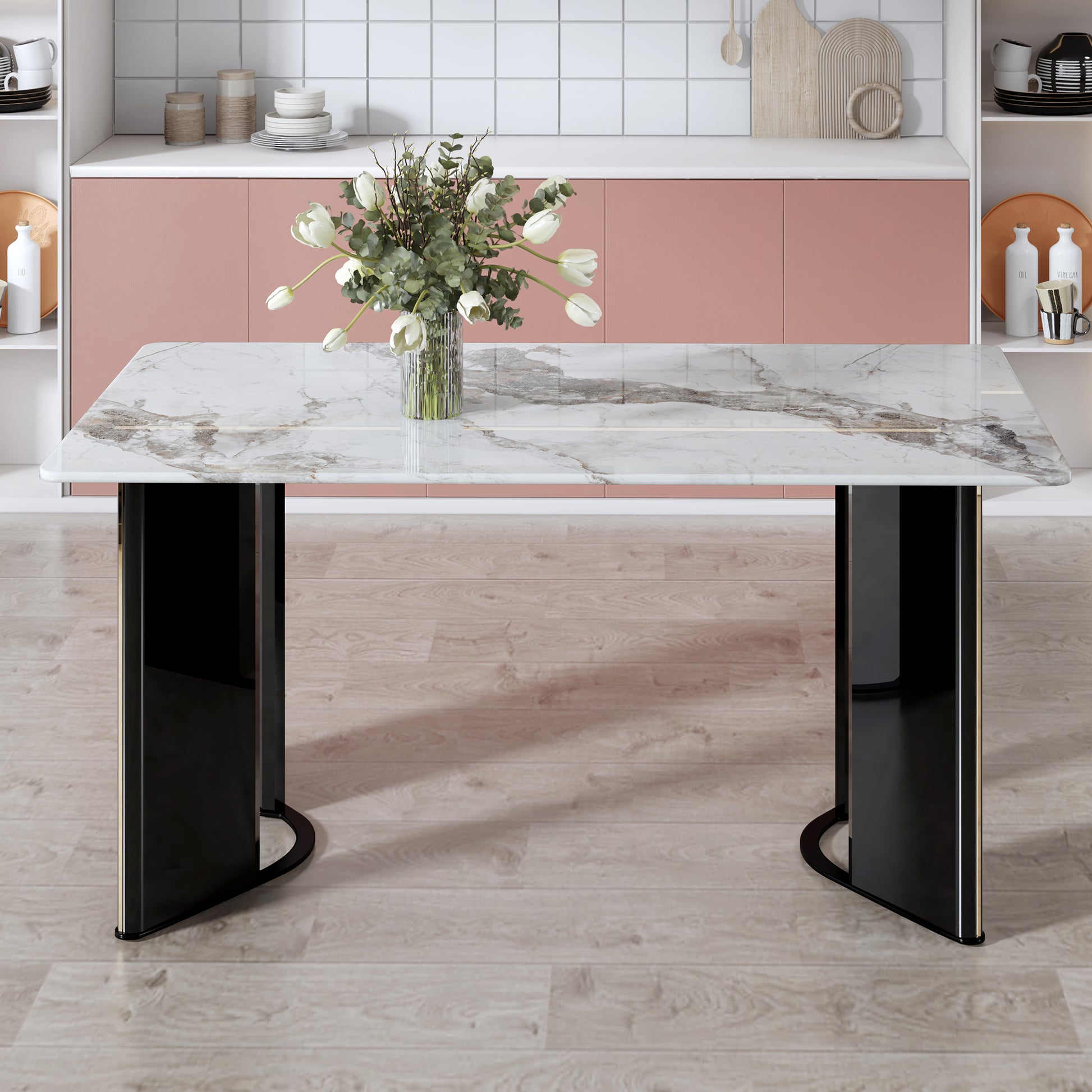 Table And Chair Set. A White Imitation Marble Desktop With Mdf Legs And Gold Metal Decorative Strips. Paired With 4 Dining Chairs With White Backrest And Black Metal Legs.F Hh C 1162 White Mdf Glass