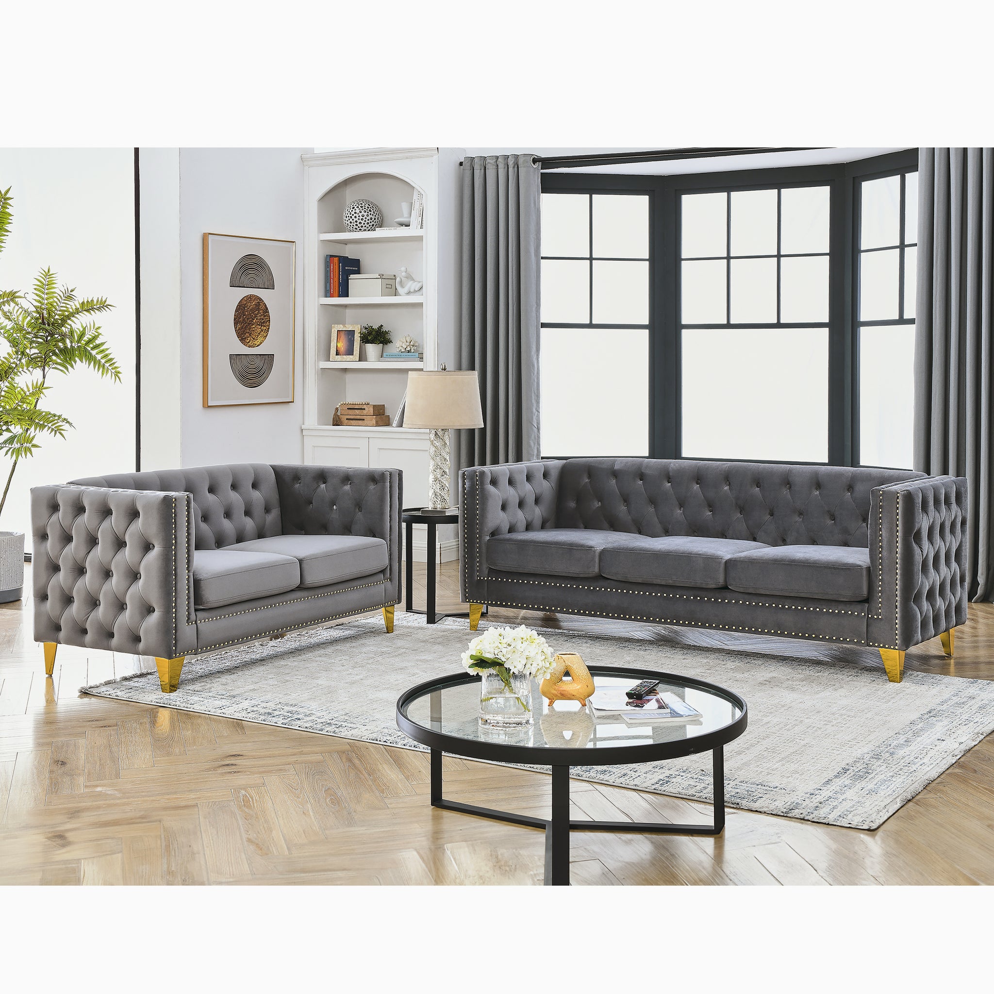 3 Seater 2 Seater Combination Sofa.Grey Velvet Gray Foam Velvet