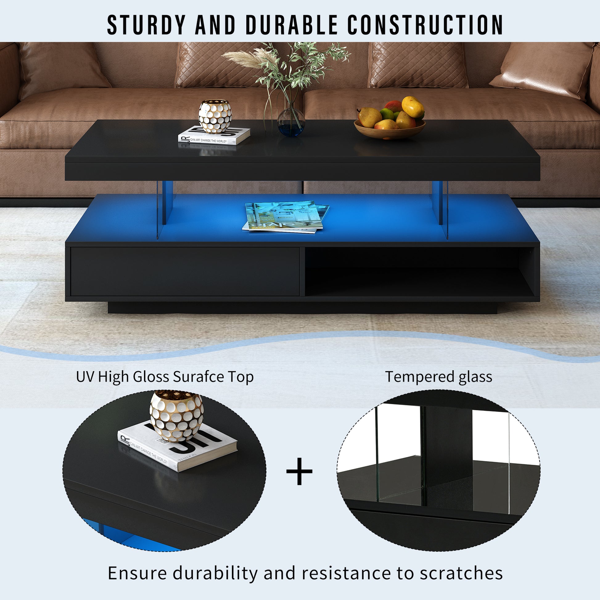 Led Coffee Table With Storage, Modern Center Table With 2 Drawers And Display Shelves, Accent Furniture With Led Lights For Living Room,Black Black Particle Board