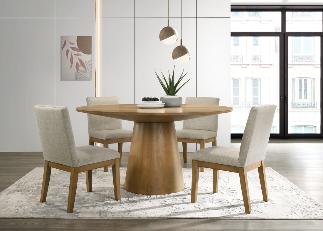 Jasper Driftwood Finish 5 Piece 59" Wide Contemporary Round Dining Table Set With Beige Fabric Chairs Wood Wood