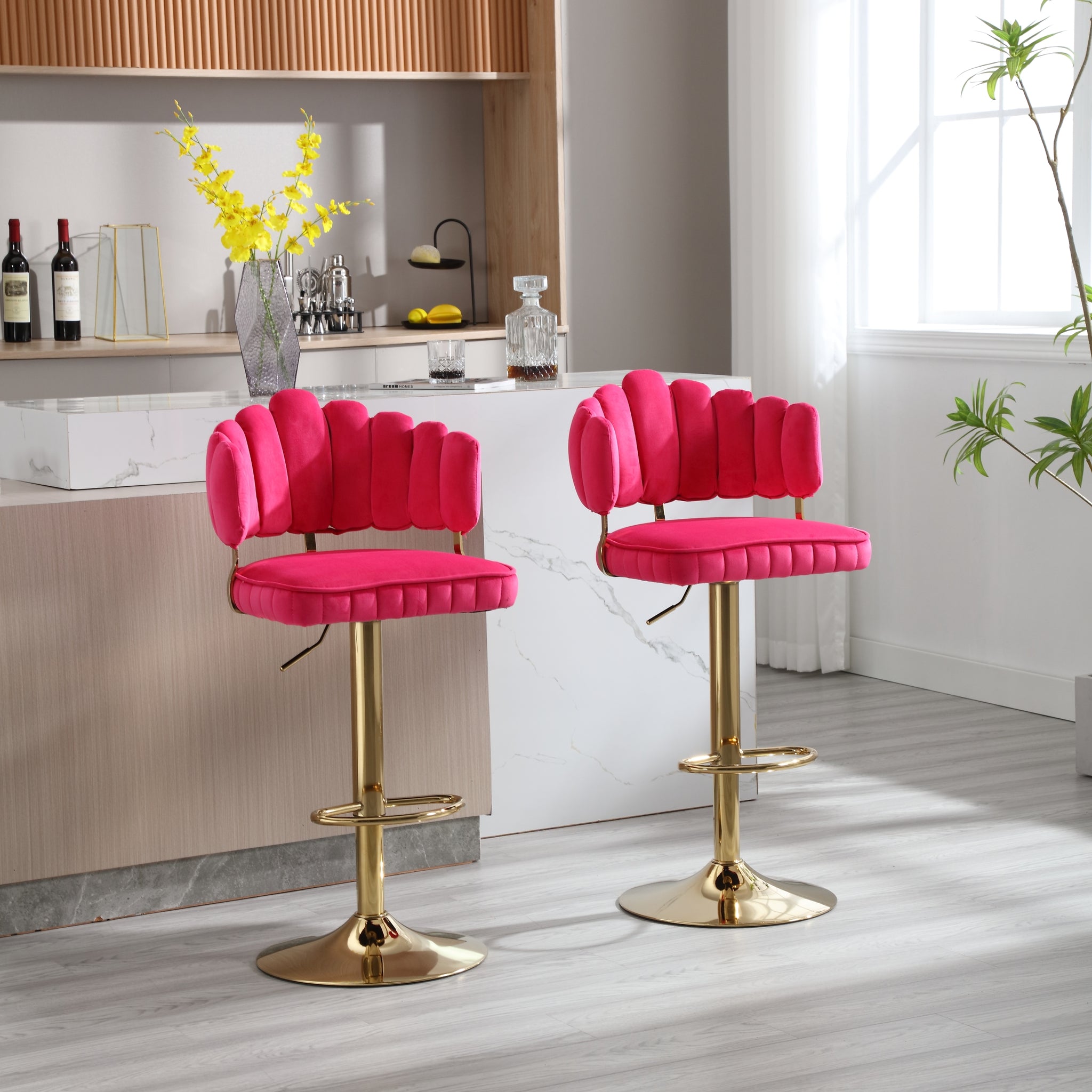 Coolmore Swivel Bar Stools Set Of 2 Adjustable Counter Height Chairs With Footrest For Kitchen, Dining Room Red Velvet