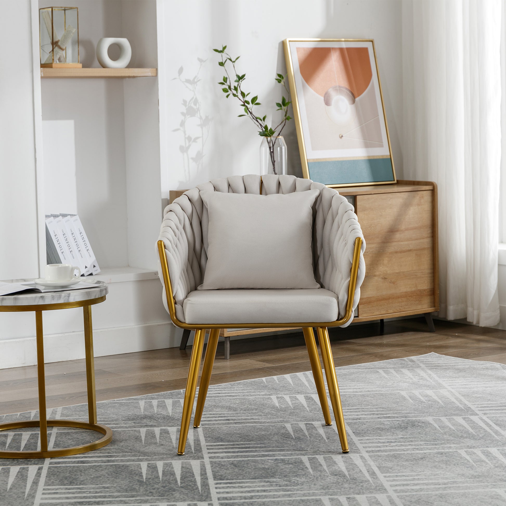 Handwoven Modern Chairs, Casual Chairs, Universal Foot Nails, Metal Chair Legs With Pillows Beige Navy Green Primary Living Space Linen