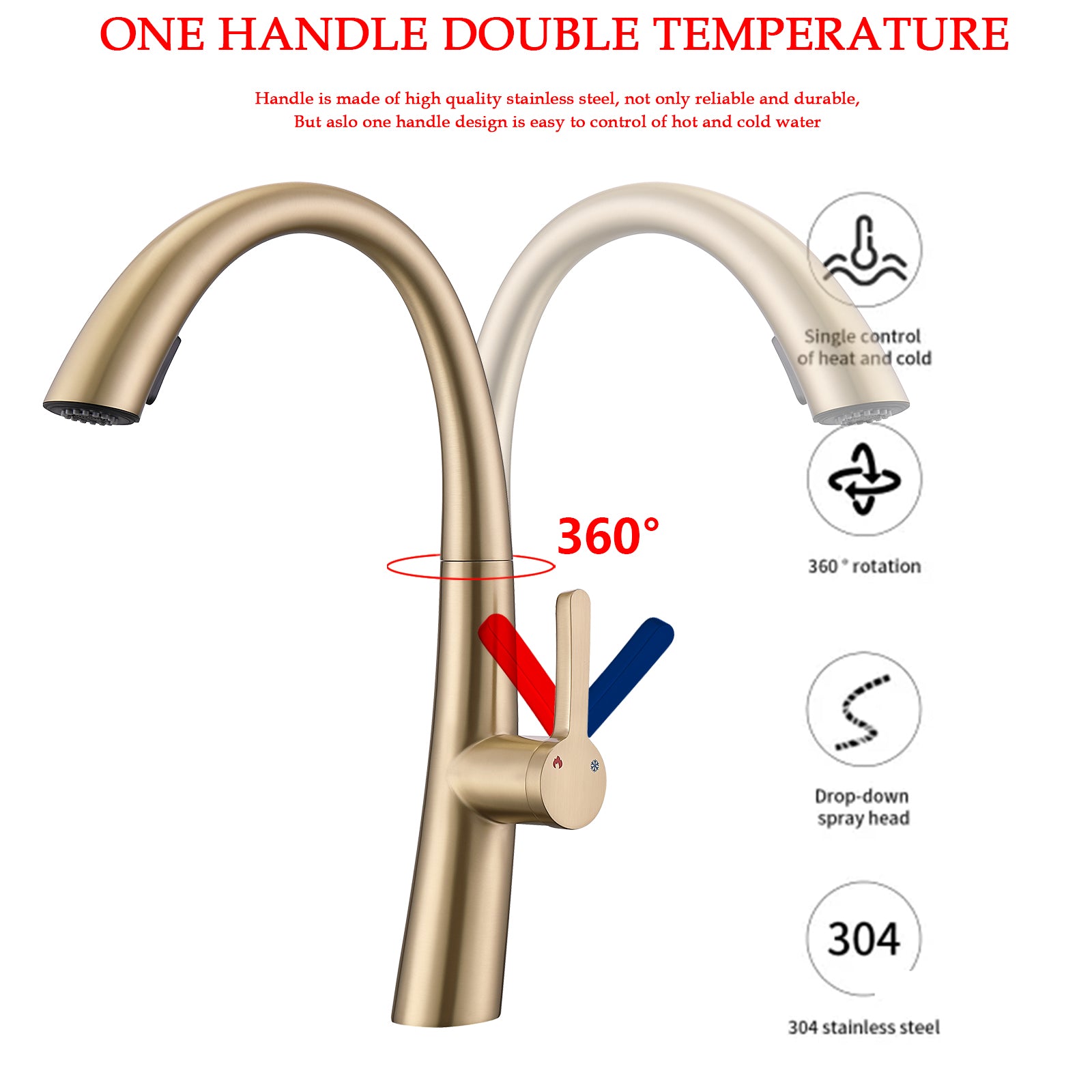 Single Handle Stainless Steel Pull Out Kitchen Faucet Brushed Gold Stainless Steel