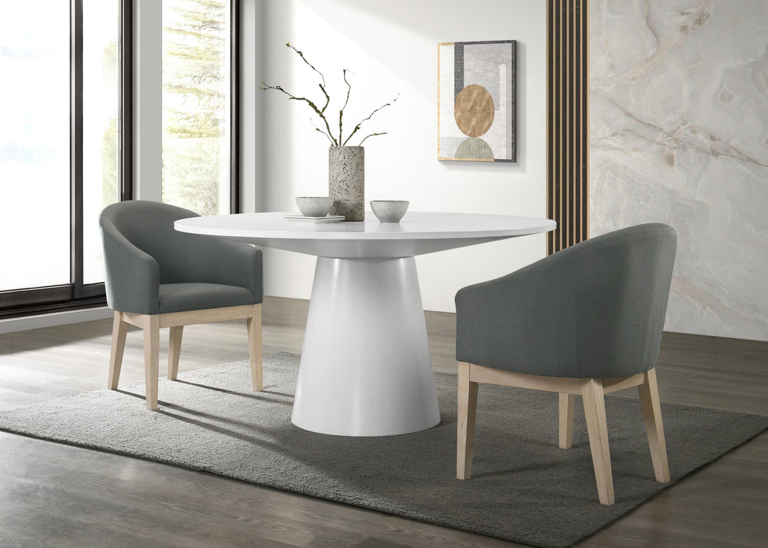 Jasper 59" White 3 Piece Round Dining Table Set With Gray Barrel Chairs White Wood