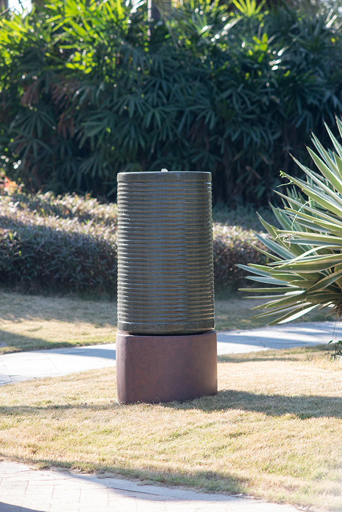 44" Tall Large Modern Cylinder Ribbed Tower Water Fountain With Rustic Base, Contemporary Antique Green Copper Finish Outdoor Bird Feeder Bath Cement Fountain Antique Green Garden & Outdoor American Design,Antique,Contemporary,Industrial,Modern Cement