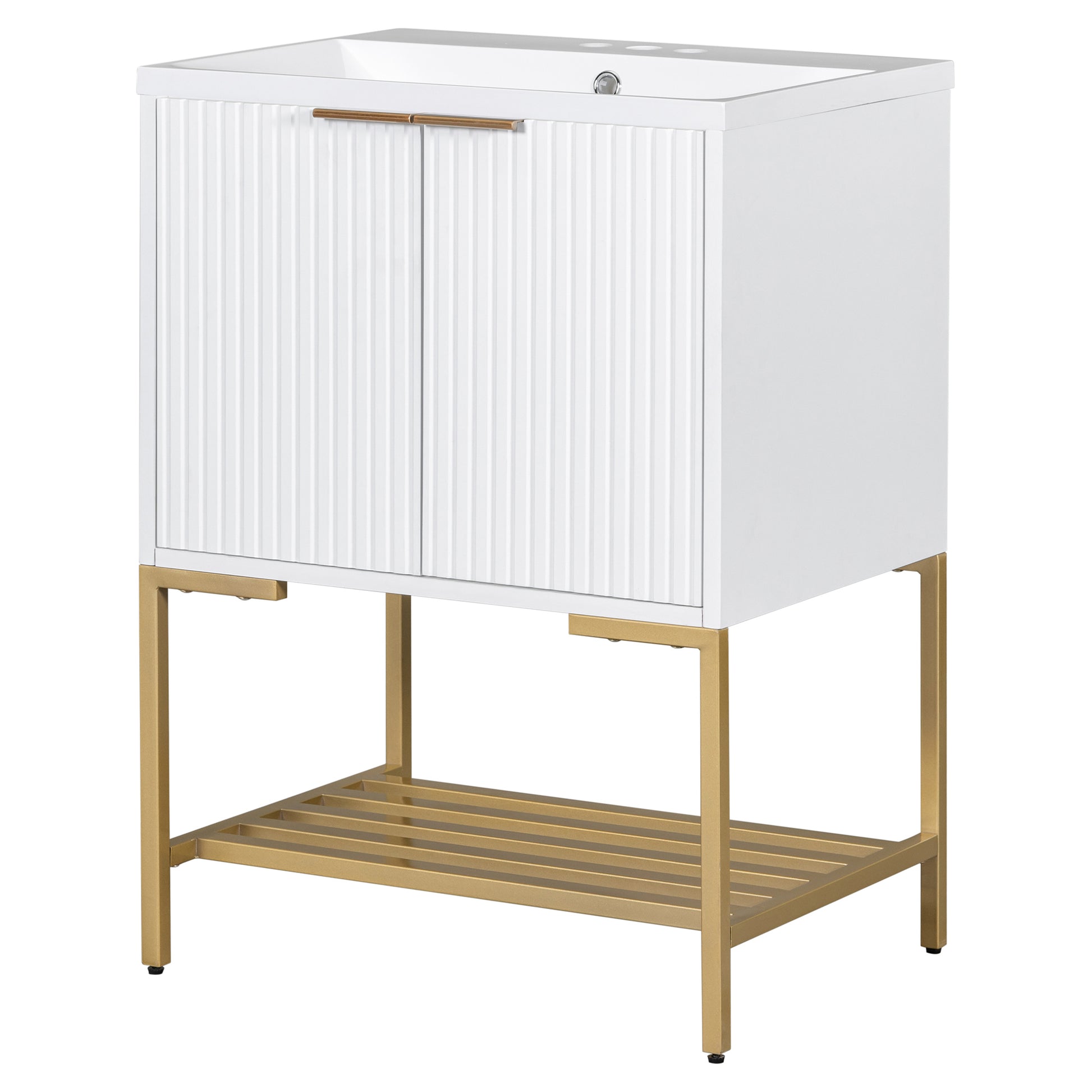 24" Bathroom Vanity With Sink, Bathroom Vanity Cabinet With Two Doors And Gold Metal Frame, Open Storage Shelf, White White Solid Wood Mdf