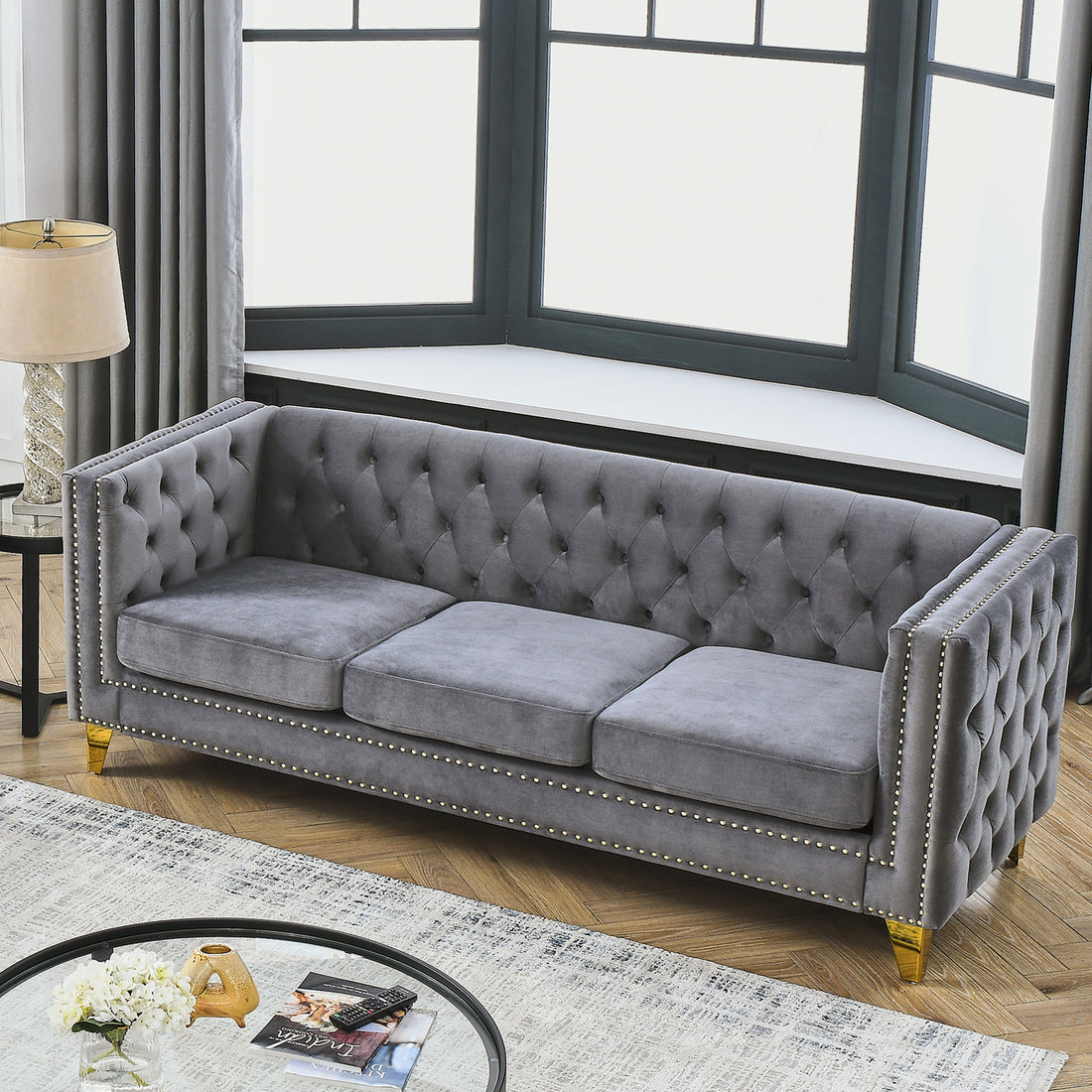 Contact Us For 3D Modeling Velvet Sofa For Living Room,Buttons Tufted Square Arm Couch, Modern Couch Upholstered Button And Metal Legs, Sofa Couch For Bedroom, Grey Velvet W834S00020 Gray Foam Velvet