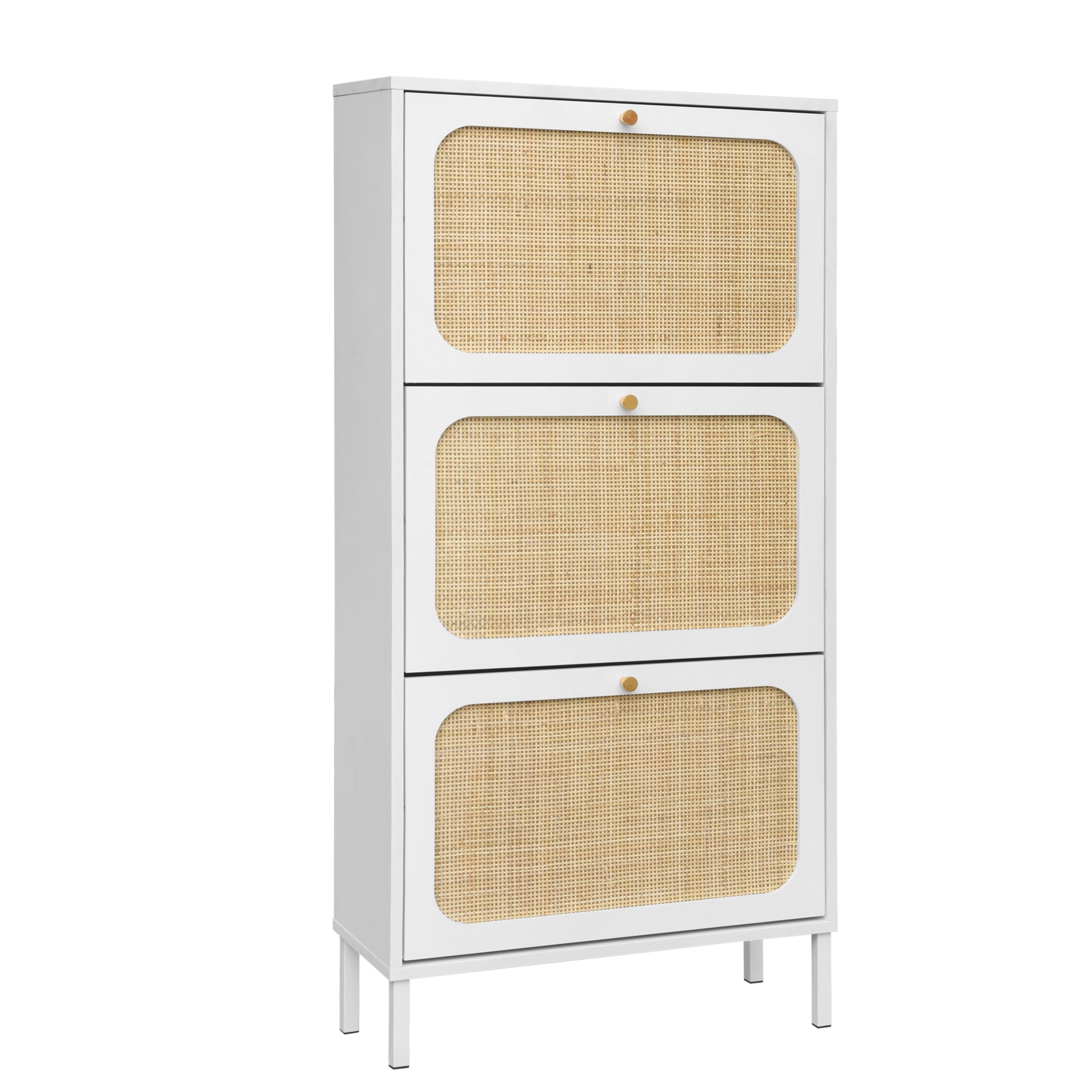 Natural Rattan 3 Door Shoe Rack, Freestanding Modern Shoe Storage Cabinet, For Entryway White Particle Board