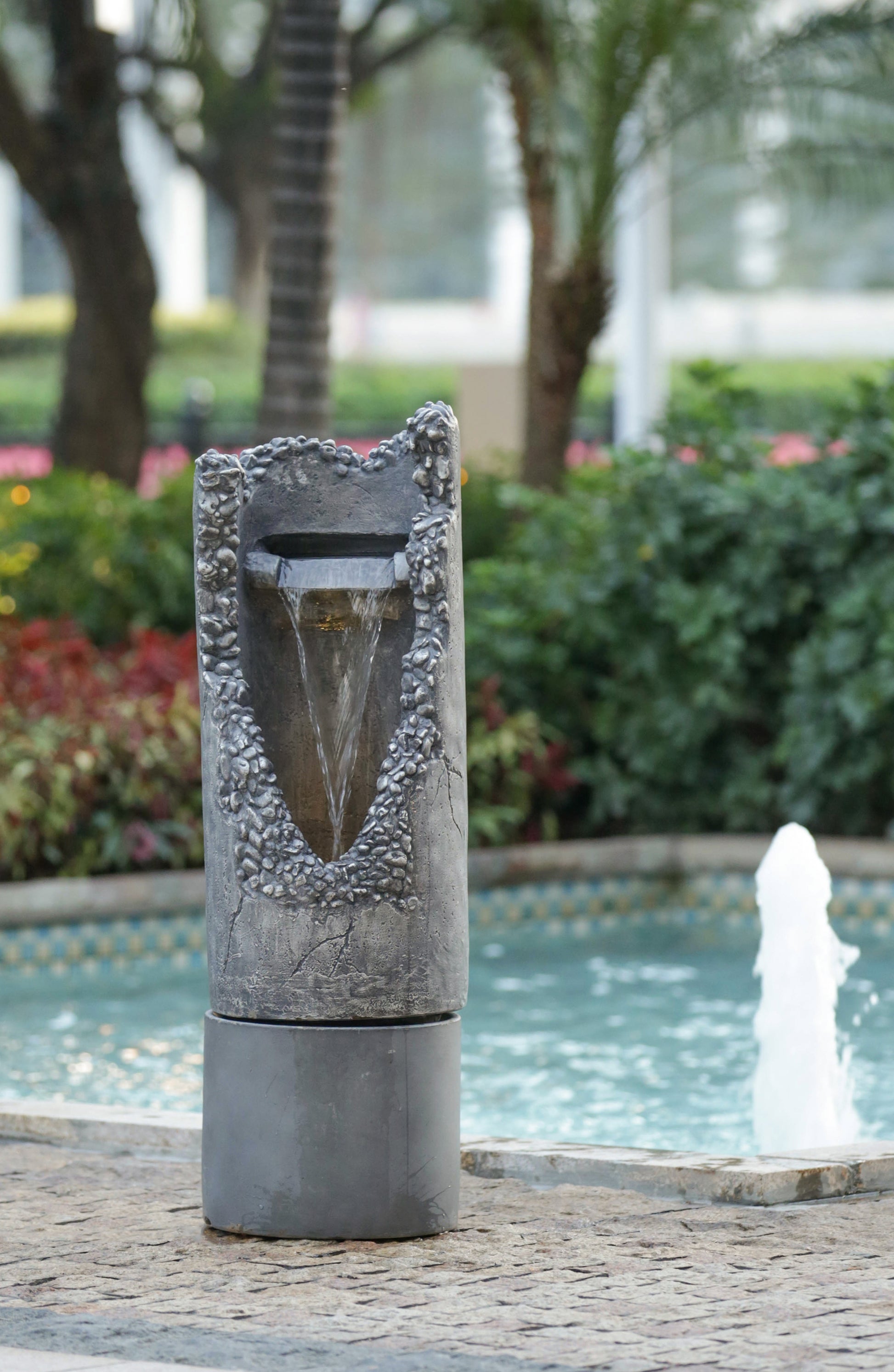 15.5X15.5X48" Large Contemporary Outdoor Water Fountain With Light, Unique Gray Waterfall Fountain Stone Gray Garden & Outdoor Antique,Art Deco,Contemporary,Modern Cement