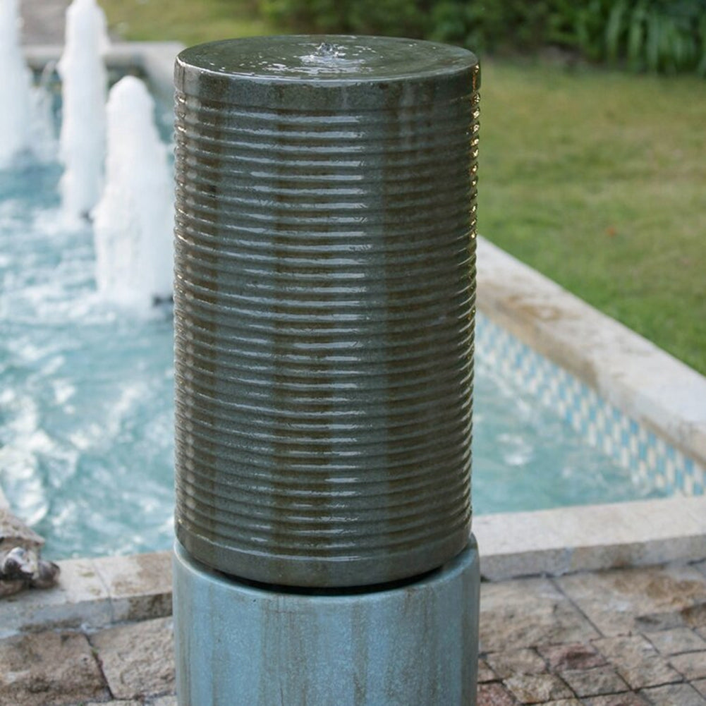 44" Tall Large Round Green Ribbed Tower Water Fountain, Verge Bronze, Cement Outdoor Bird Feeder Bath Fountain Antique Green Garden & Outdoor Antique,Contemporary,Industrial,Modern Cement