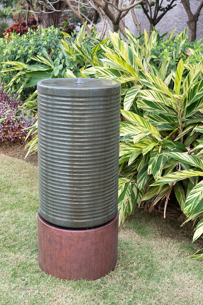 44" Tall Large Modern Cylinder Ribbed Tower Water Fountain With Rustic Base, Contemporary Antique Green Copper Finish Outdoor Bird Feeder Bath Cement Fountain Antique Green Garden & Outdoor American Design,Antique,Contemporary,Industrial,Modern Cement