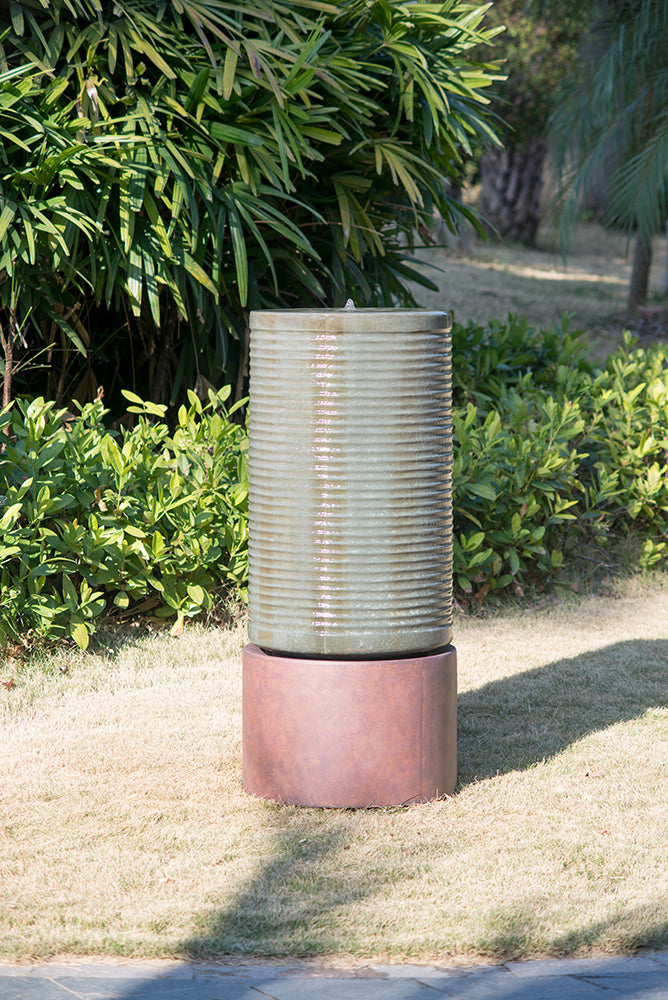 44" Tall Large Modern Cylinder Ribbed Tower Water Fountain With Rustic Base, Contemporary Antique Green Copper Finish Outdoor Bird Feeder Bath Cement Fountain Antique Green Garden & Outdoor American Design,Antique,Contemporary,Industrial,Modern Cement