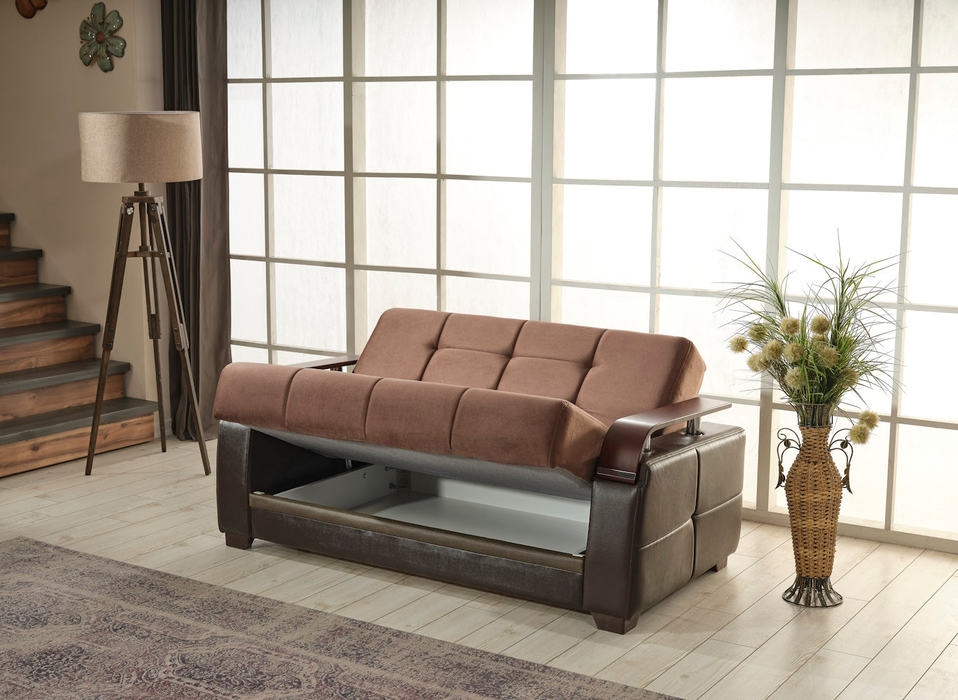 Reginaldo Modern Sleeper Loveseat For Living Room Brown Solid Wood Mdf