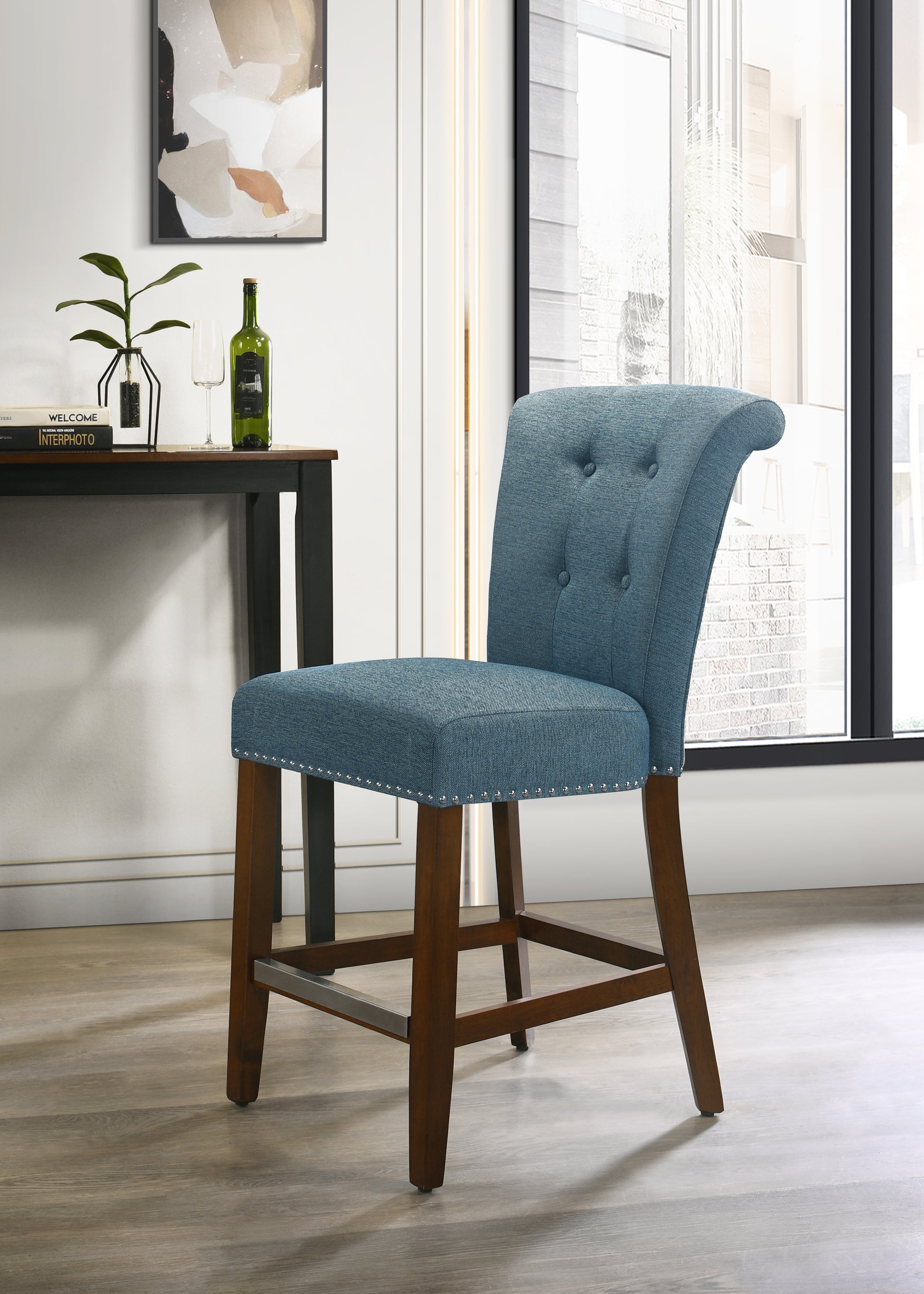 Auggie 20.5" Blue Fabric Counter Height Chair With Trim Blue Fabric