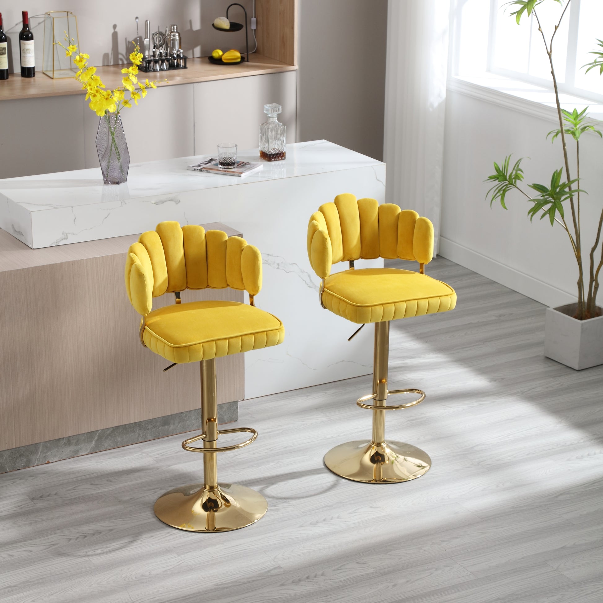 Coolmore Swivel Bar Stools Set Of 2 Adjustable Counter Height Chairs With Footrest For Kitchen, Dining Room Mustard Yellow Velvet