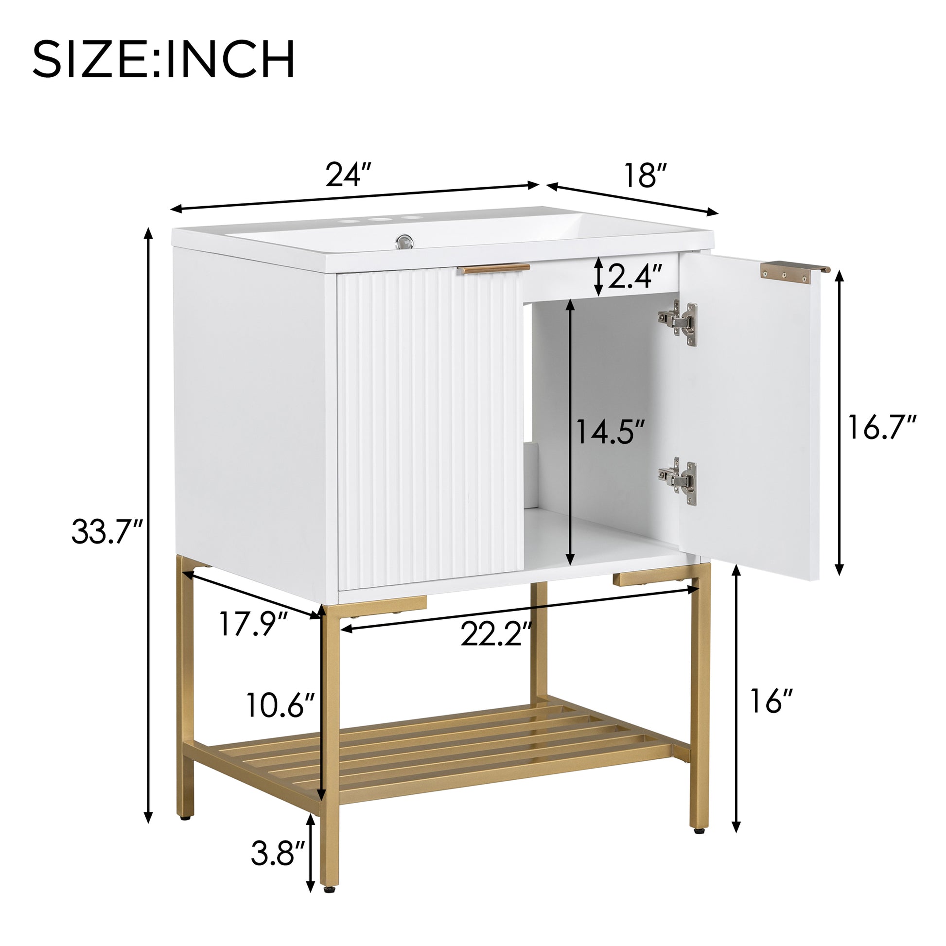 24" Bathroom Vanity With Sink, Bathroom Vanity Cabinet With Two Doors And Gold Metal Frame, Open Storage Shelf, White White Solid Wood Mdf