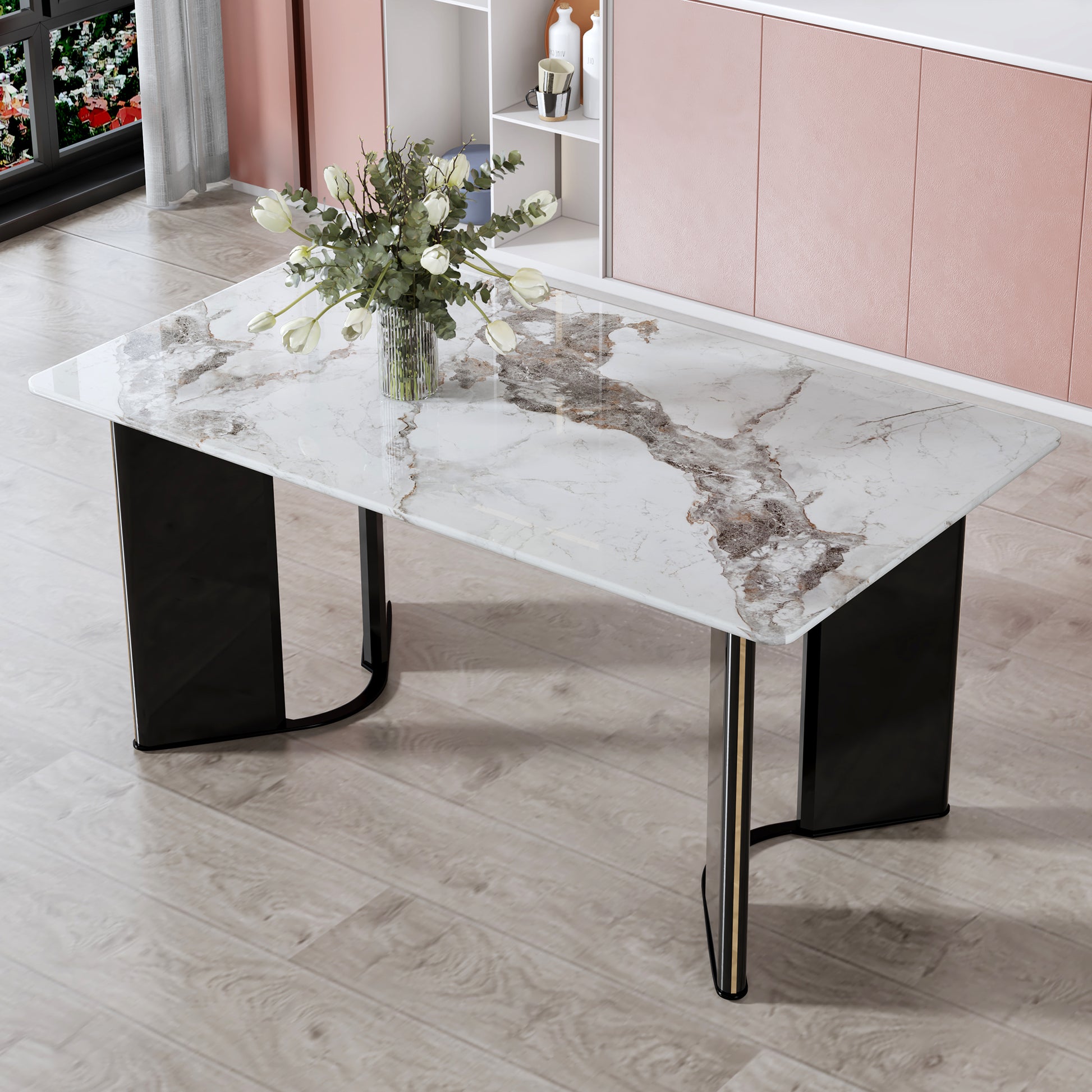 Modern Minimalist Rectangular Dining Table, White Imitation Marble Tabletop, Mdf Table Legs With Gold Metal Decorative Strips. Suitable For Restaurant And Living Roomf Hh White Seats 6 Mdf Glass