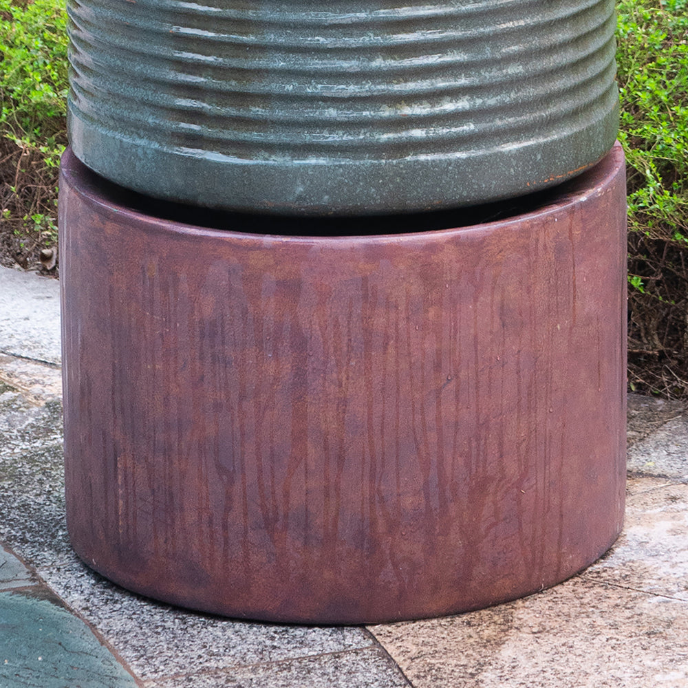 44" Tall Large Modern Cylinder Ribbed Tower Water Fountain With Rustic Base, Contemporary Antique Green Copper Finish Outdoor Bird Feeder Bath Cement Fountain Antique Green Garden & Outdoor American Design,Antique,Contemporary,Industrial,Modern Cement