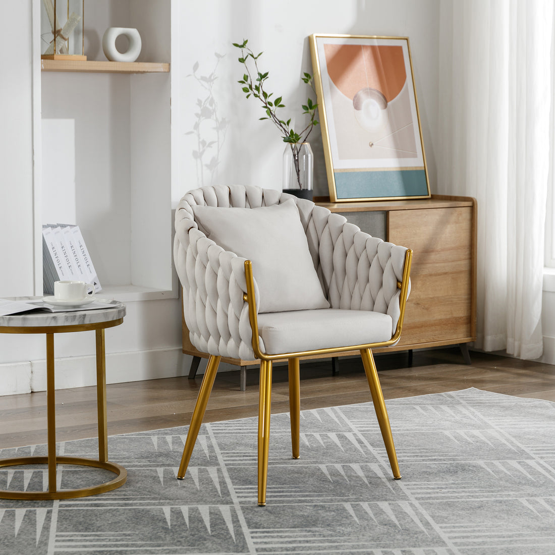 Handwoven Modern Chairs, Casual Chairs, Universal Foot Nails, Metal Chair Legs With Pillows Beige Navy Green Primary Living Space Linen