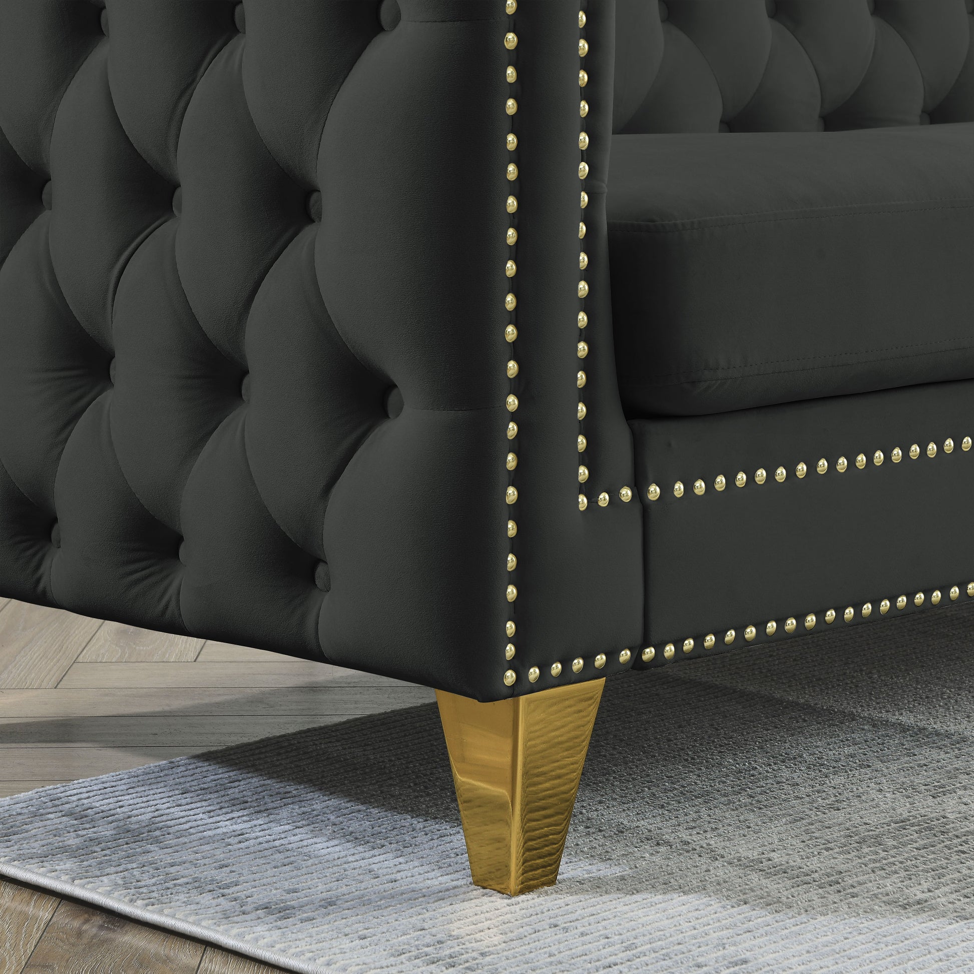 Contact Us For 3D Modeling Velvet Sofa For Living Room,Buttons Tufted Square Arm Couch, Modern Couch Upholstered Button And Metal Legs, Sofa Couch For Bedroom, Black Velvet 2S W834S00053 Black Foam Velvet