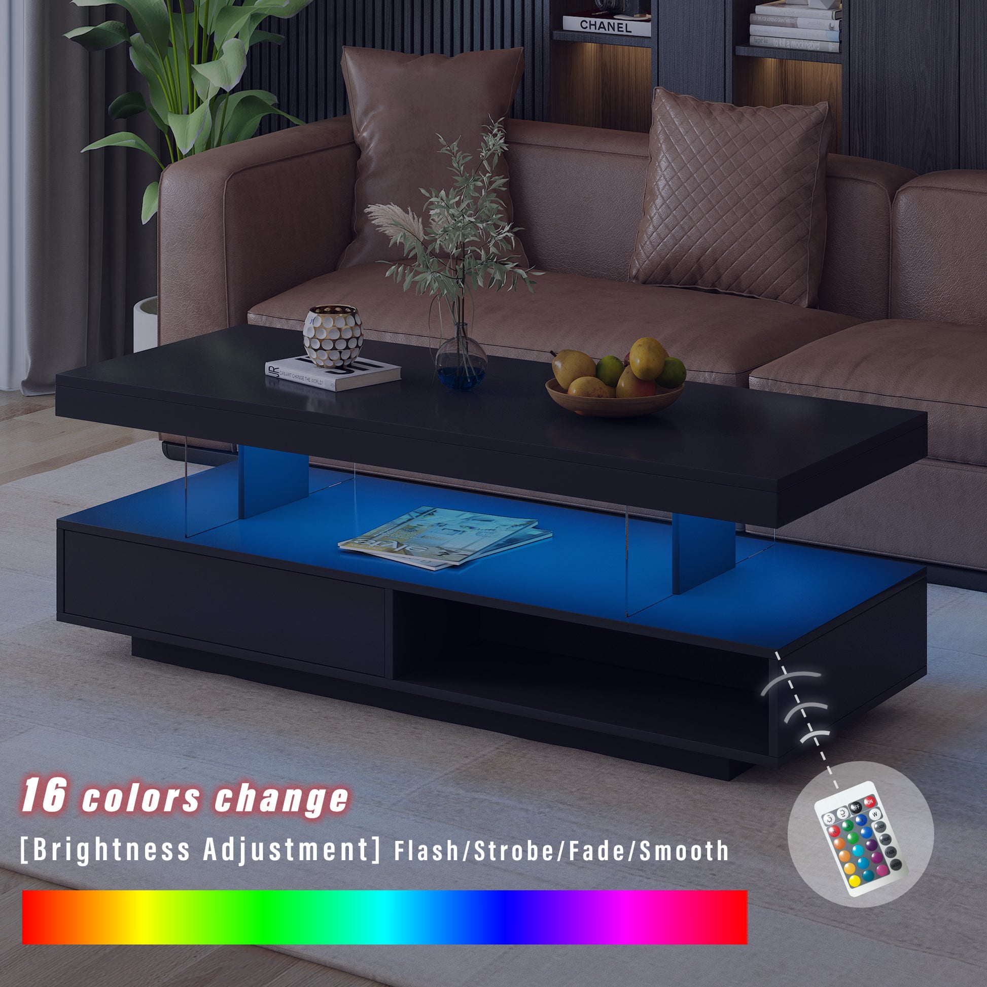 Led Coffee Table With Storage, Modern Center Table With 2 Drawers And Display Shelves, Accent Furniture With Led Lights For Living Room,Black Black Particle Board