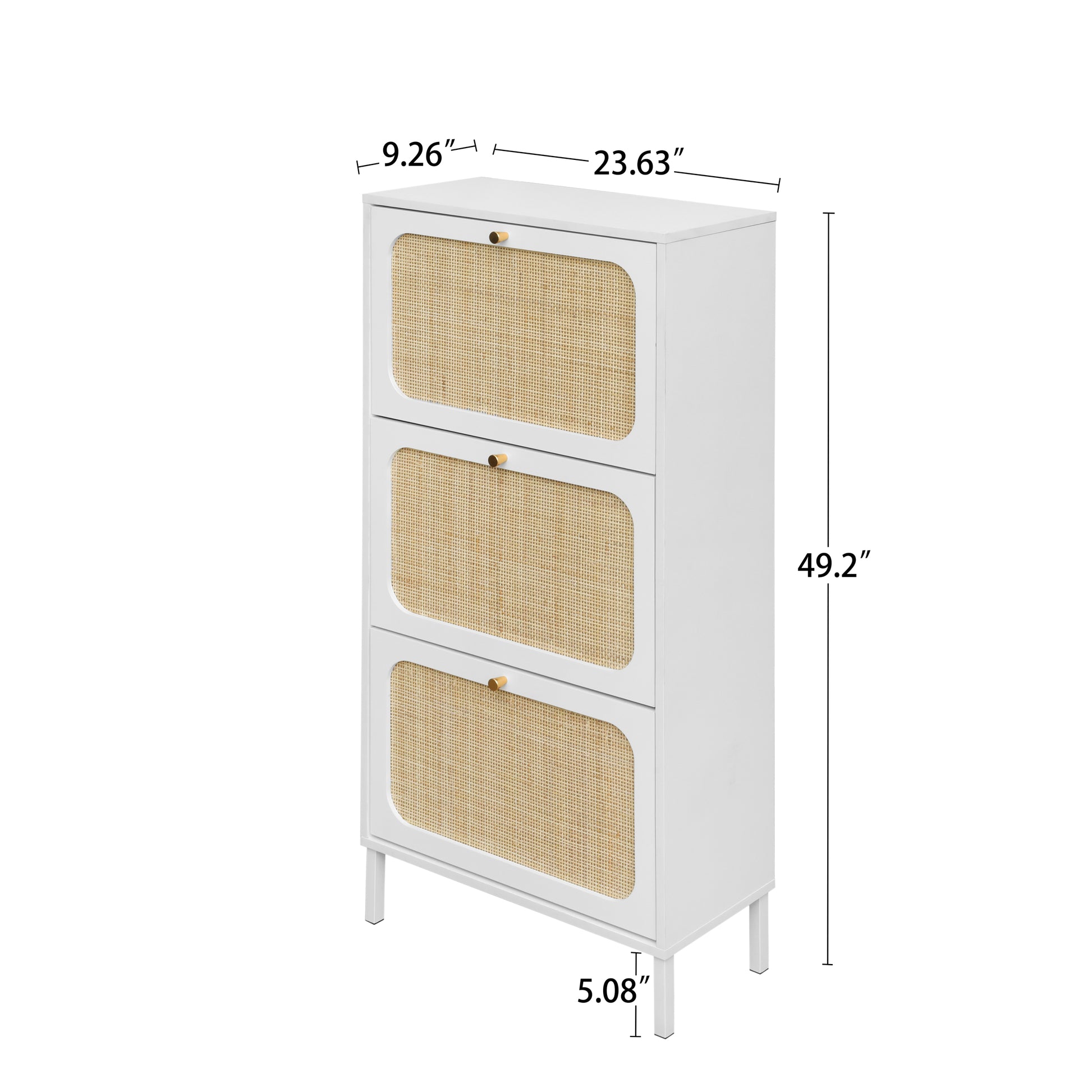 Natural Rattan 3 Door Shoe Rack, Freestanding Modern Shoe Storage Cabinet, For Entryway White Particle Board