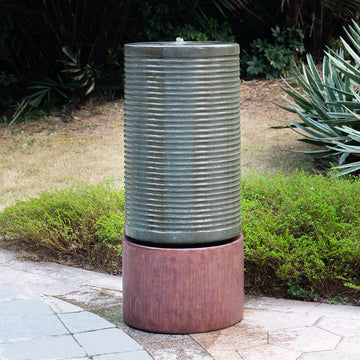 44" Tall Large Modern Cylinder Ribbed Tower Water Fountain With Rustic Base, Contemporary Antique Green Copper Finish Outdoor Bird Feeder Bath Cement Fountain Antique Green Garden & Outdoor American Design,Antique,Contemporary,Industrial,Modern Cement