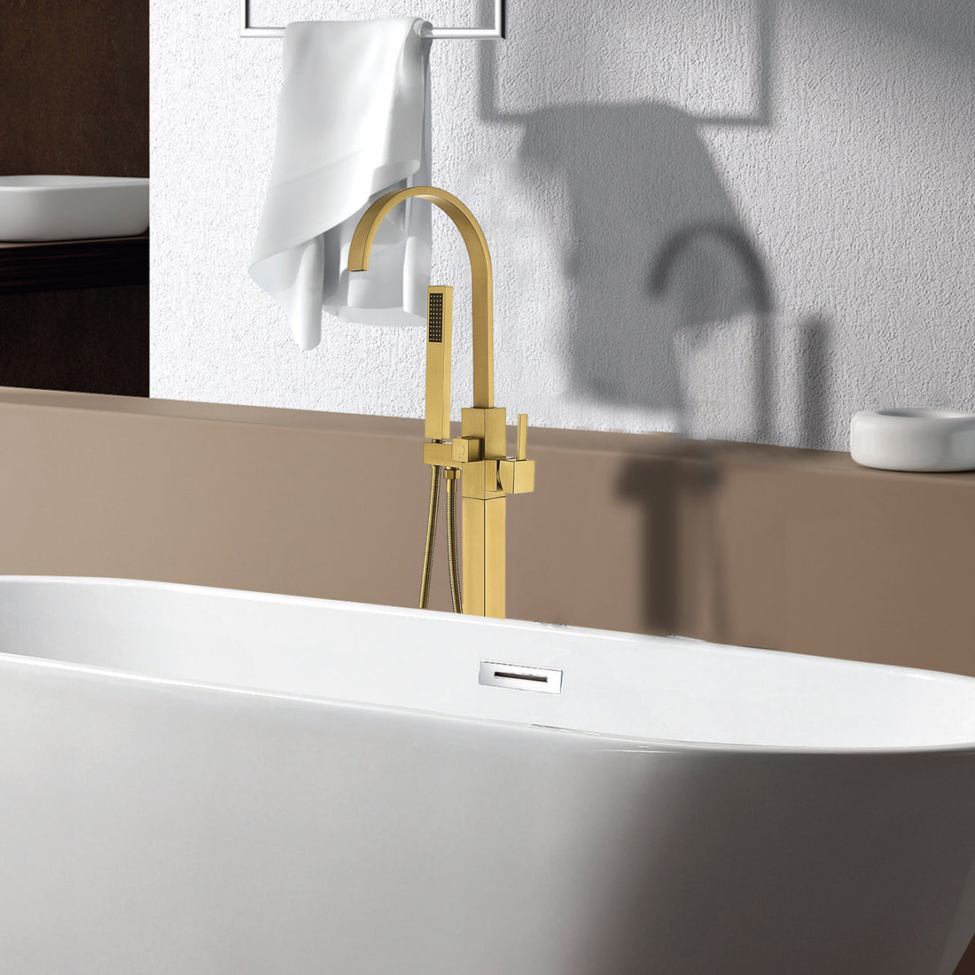 Freestanding Bathtub Faucet With Hand Shower Brushed Gold Metal