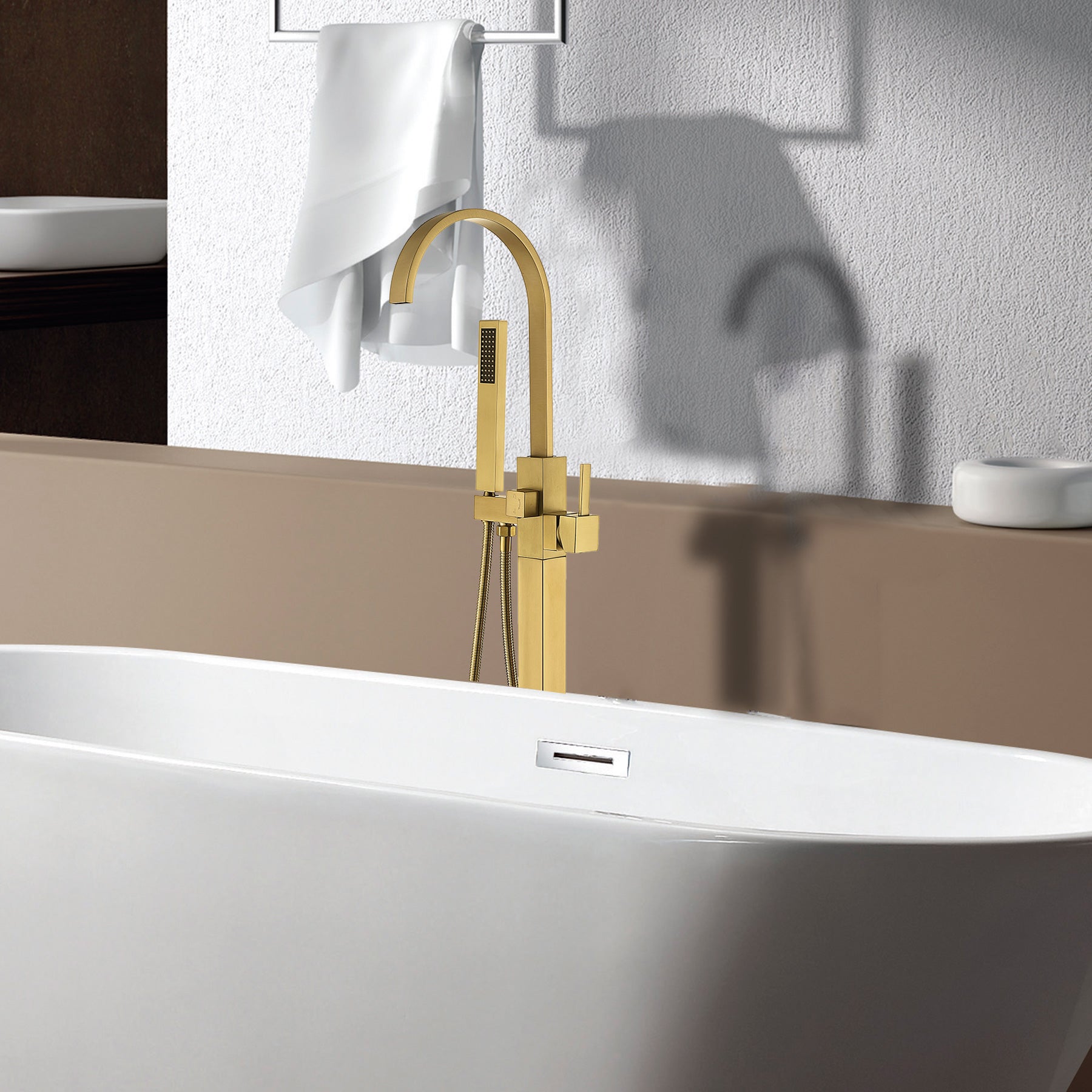 Freestanding Bathtub Faucet With Hand Shower Brushed Gold Metal