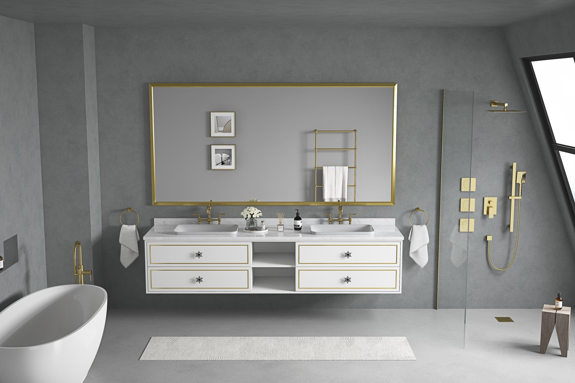 84In. W X 48In. H Metal Framed Bathroom Mirror For Wall, X Inch Rectangle Mirror, Bathroom Vanity Mirror Farmhouse, Anti Rust, Hangs Horizontally Or Vertiy Gold Aluminium