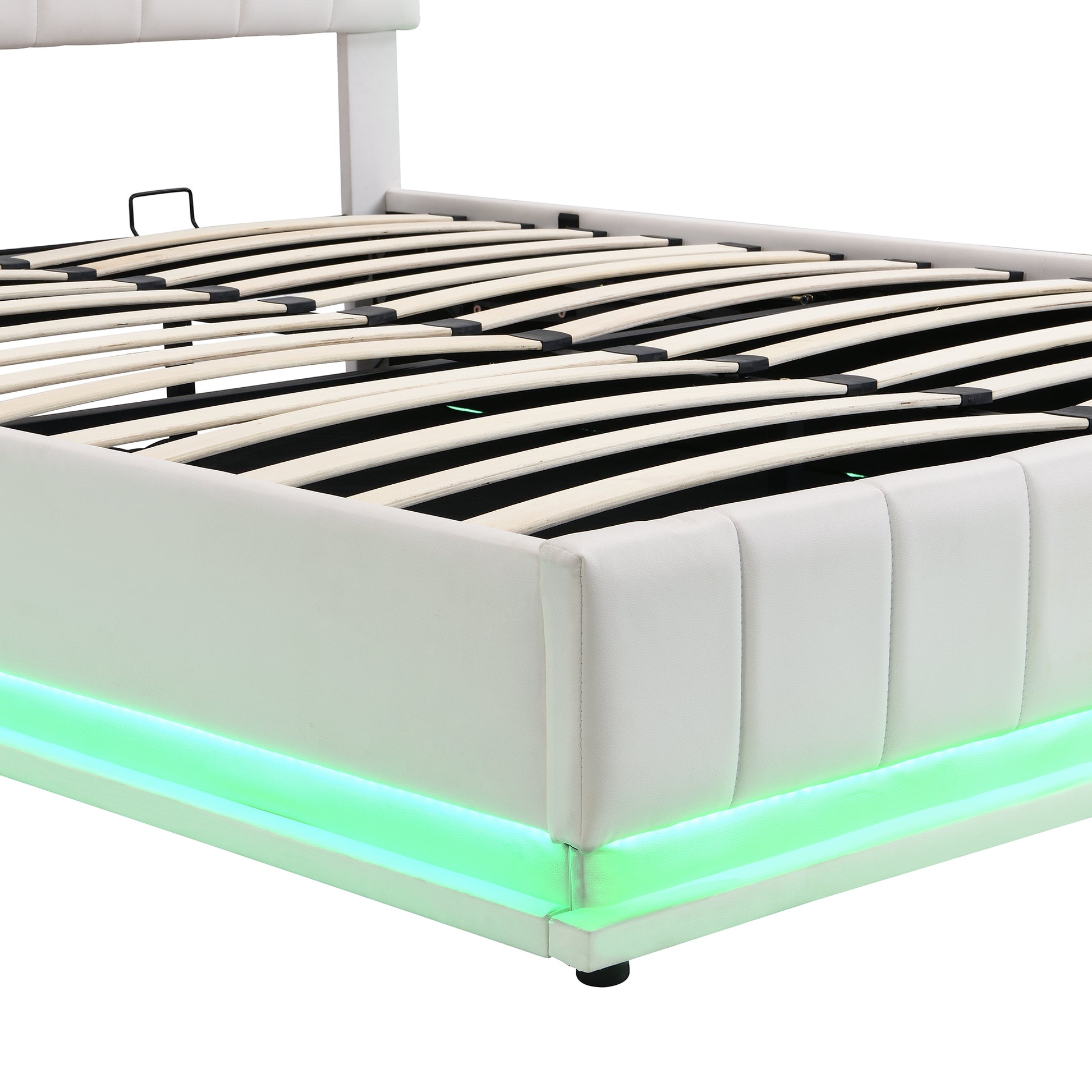 Queen Size Upholstered Bed With Hydraulic Storage System And Led Light, Modern Platform Bed With Sockets And Usb Ports, White White Pu Leather