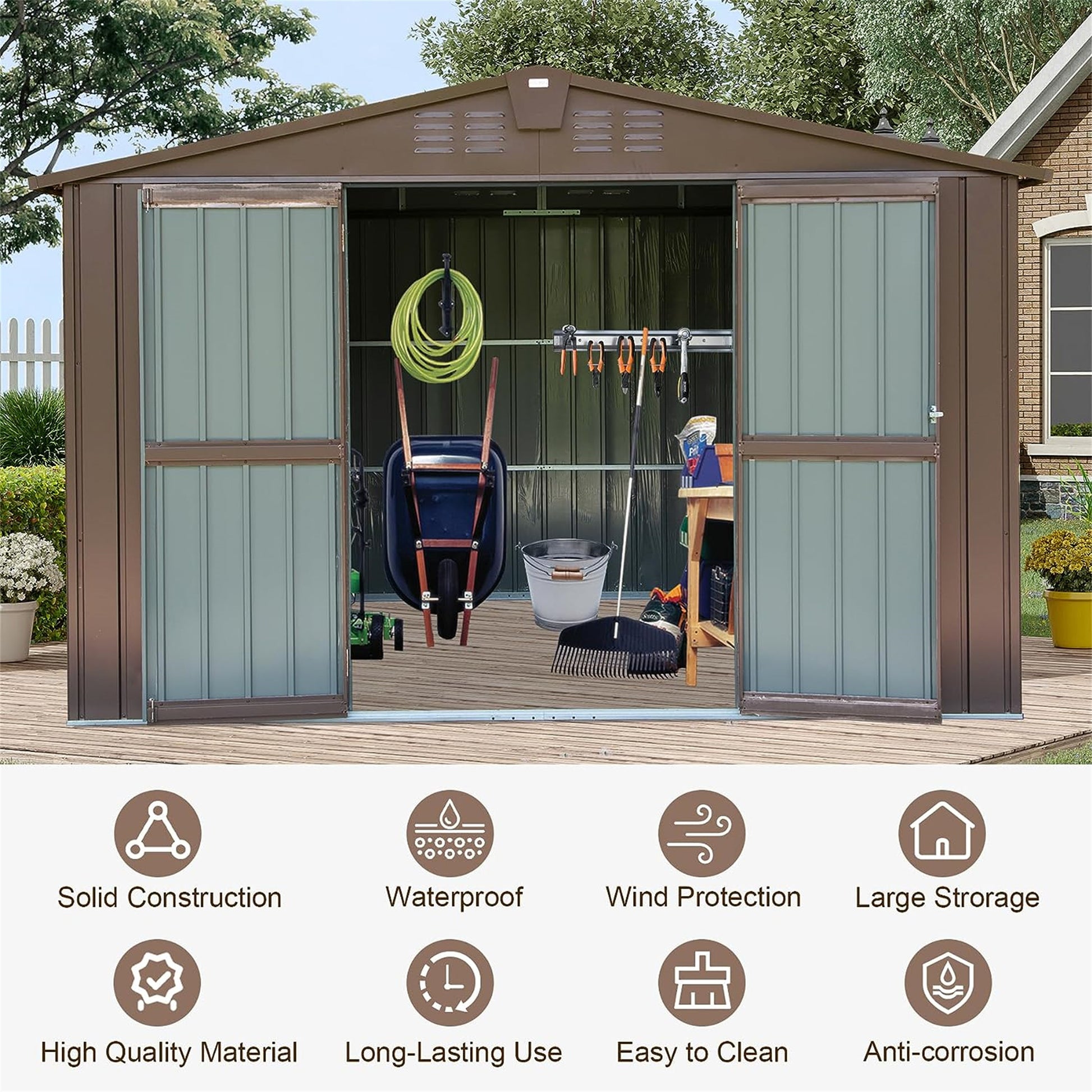 Outdoor Storage Shed 10'X8', Metal Tool Sheds Storage House With Lockable Double Door,Large Bike Shed Waterproof For Garden,Backyard,Lawn Brown Brown Metal