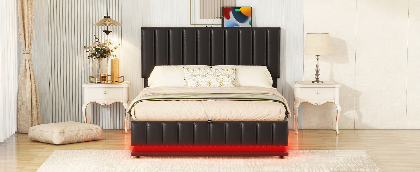 Full Size Upholstered Bed With Hydraulic Storage System And Led Light, Modern Platform Bed With Sockets And Usb Ports, Black Black Pu Leather