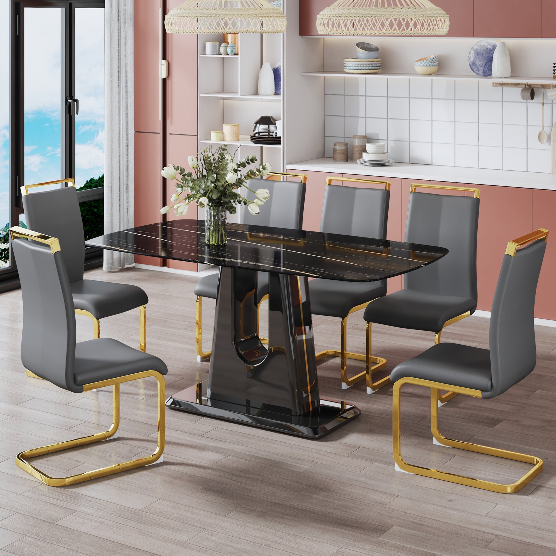 A Modern, Minimalist, And Luxurious Table. A Black Imitation Marble Tabletop With Mdf U Shaped Legs. Dining Table, Computer Table. For Restaurants And Living Rooms 63" * 35.4"* 30" F U Black Mdf Glass