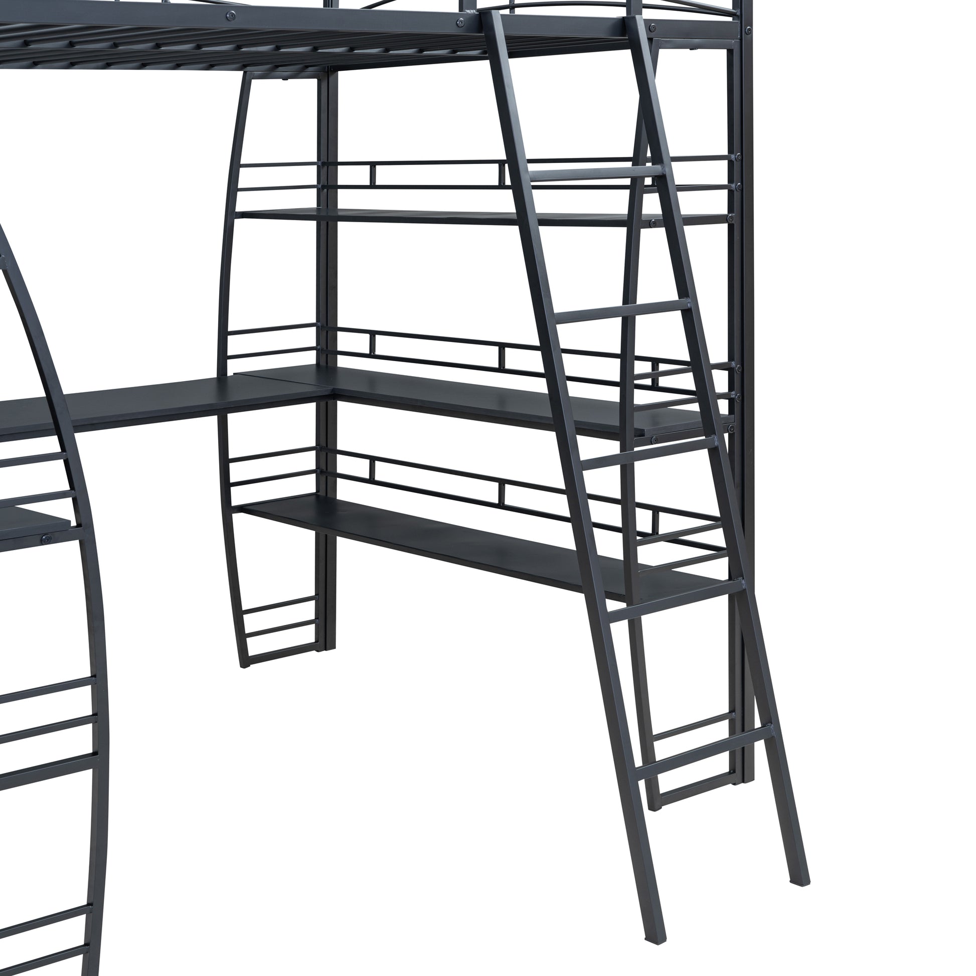 Full Size Loft Bed With 4 Layers Of Shelves And L Shaped Desk, Stylish Metal Frame Bed With A Set Of Sockets, Usb Ports And Wireless Charging, Black Black Metal