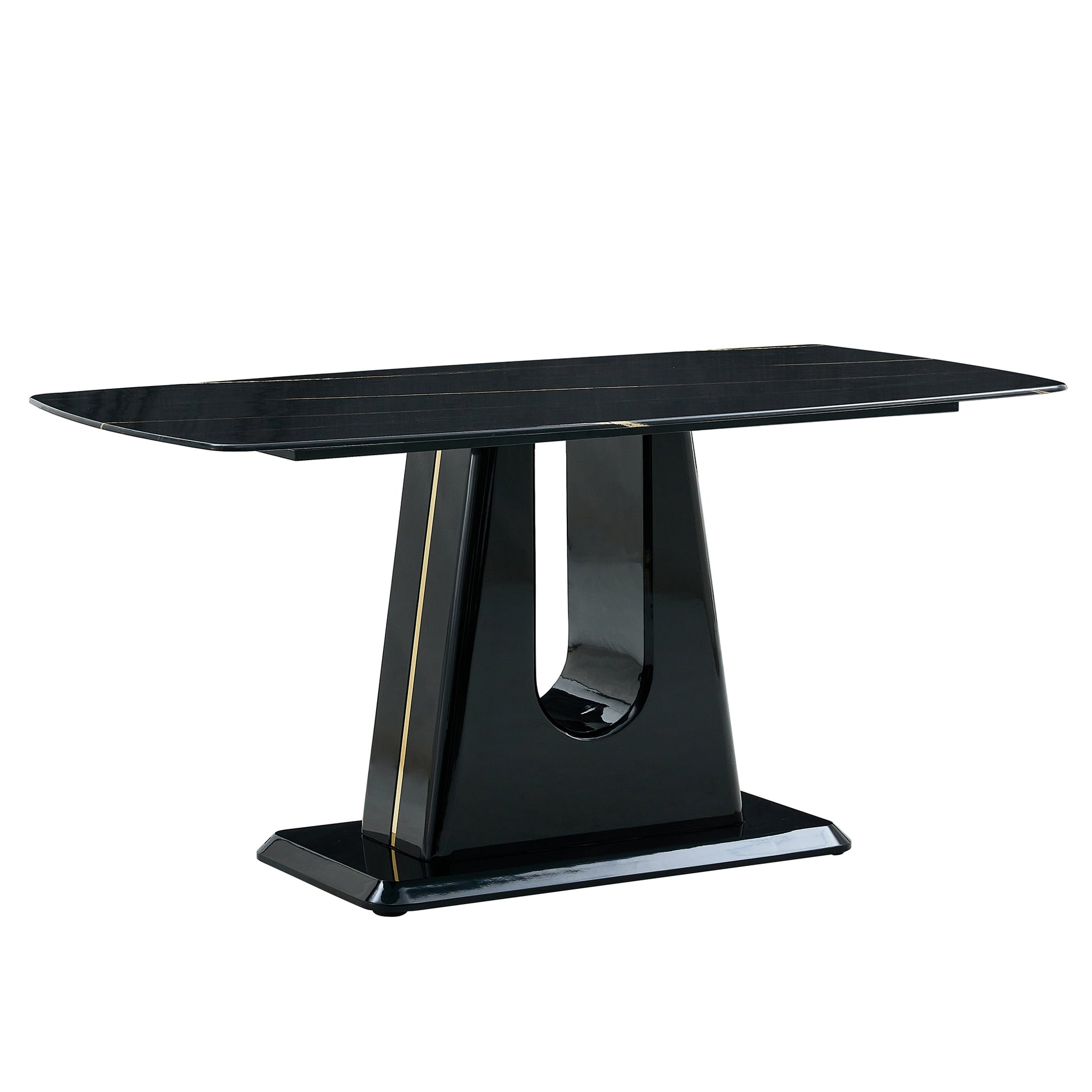 A Modern, Minimalist, And Luxurious Table. A Black Imitation Marble Tabletop With Mdf U Shaped Legs. Dining Table, Computer Table. For Restaurants And Living Rooms 63" * 35.4"* 30" F U Black Mdf Glass