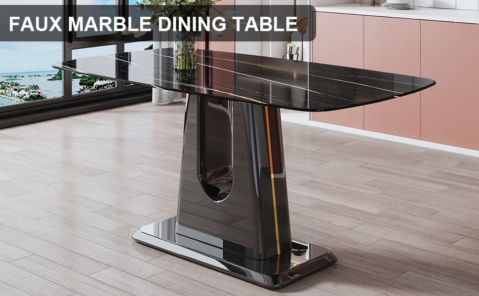 A Modern, Minimalist, And Luxurious Table. A Black Imitation Marble Tabletop With Mdf U Shaped Legs. Dining Table, Computer Table. For Restaurants And Living Rooms 63" * 35.4"* 30" F U Black Mdf Glass