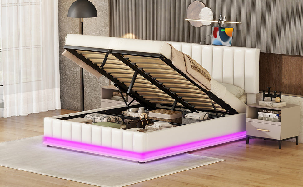 Queen Size Upholstered Bed With Hydraulic Storage System And Led Light, Modern Platform Bed With Sockets And Usb Ports, White White Pu Leather