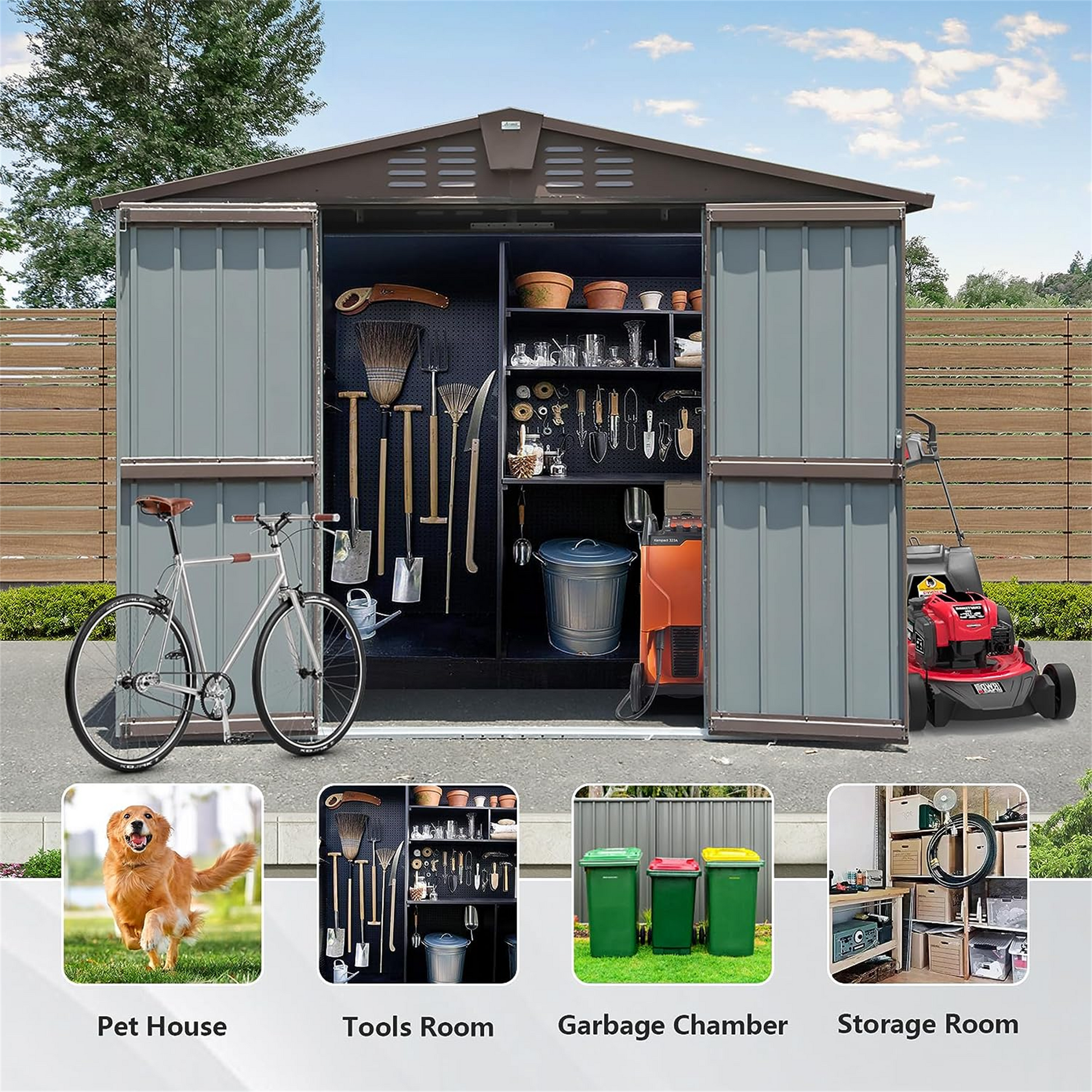 Outdoor Storage Shed 8.2' X 6.2', Metal Steel Utility Tool Shed Storage House With Double Lockable Doors & Air Vents For Backyard Patio Garden Lawn Brown Brown Metal