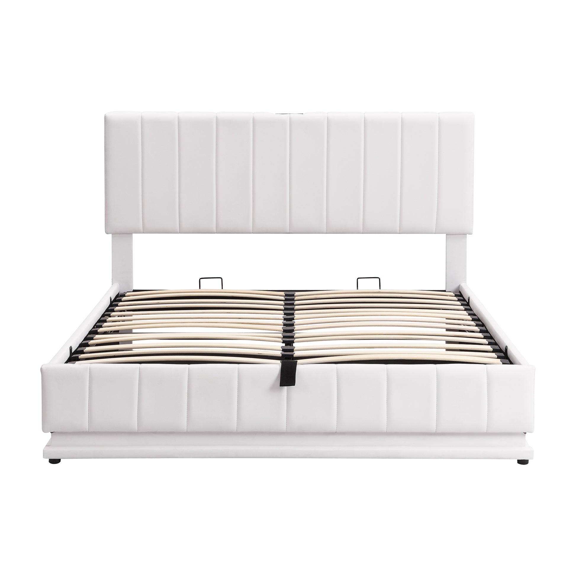 Queen Size Upholstered Bed With Hydraulic Storage System And Led Light, Modern Platform Bed With Sockets And Usb Ports, White White Pu Leather