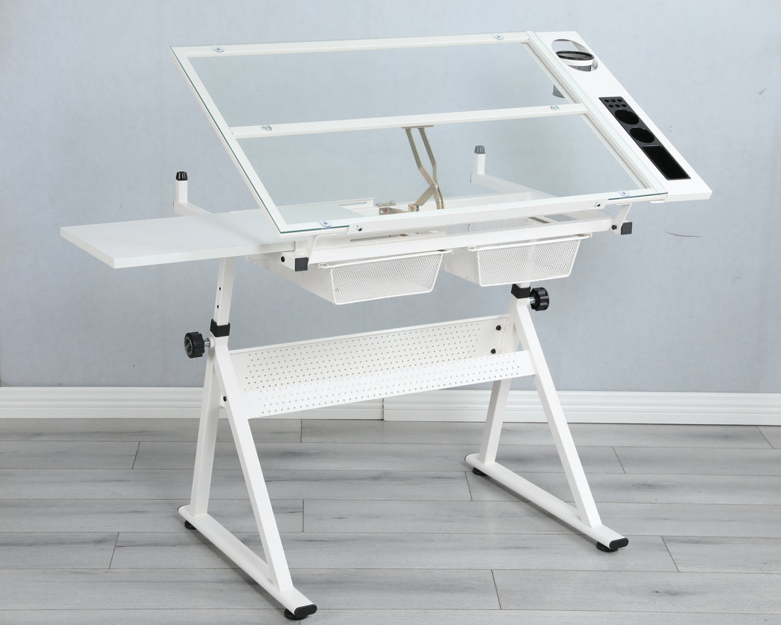 White Adjustable Tempered Glass Drafting Printing Table With Chair White Steel