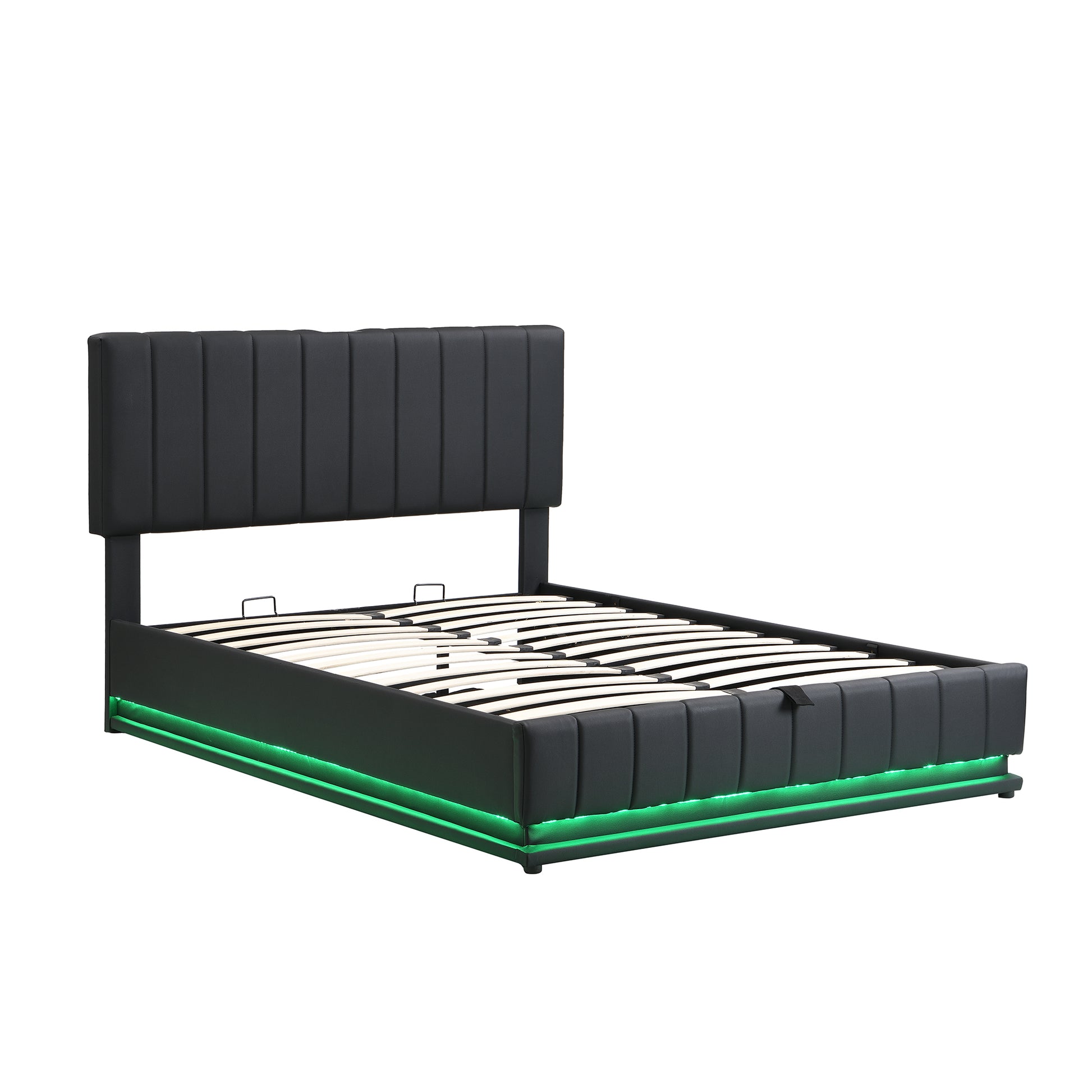 Full Size Upholstered Bed With Hydraulic Storage System And Led Light, Modern Platform Bed With Sockets And Usb Ports, Black Black Pu Leather