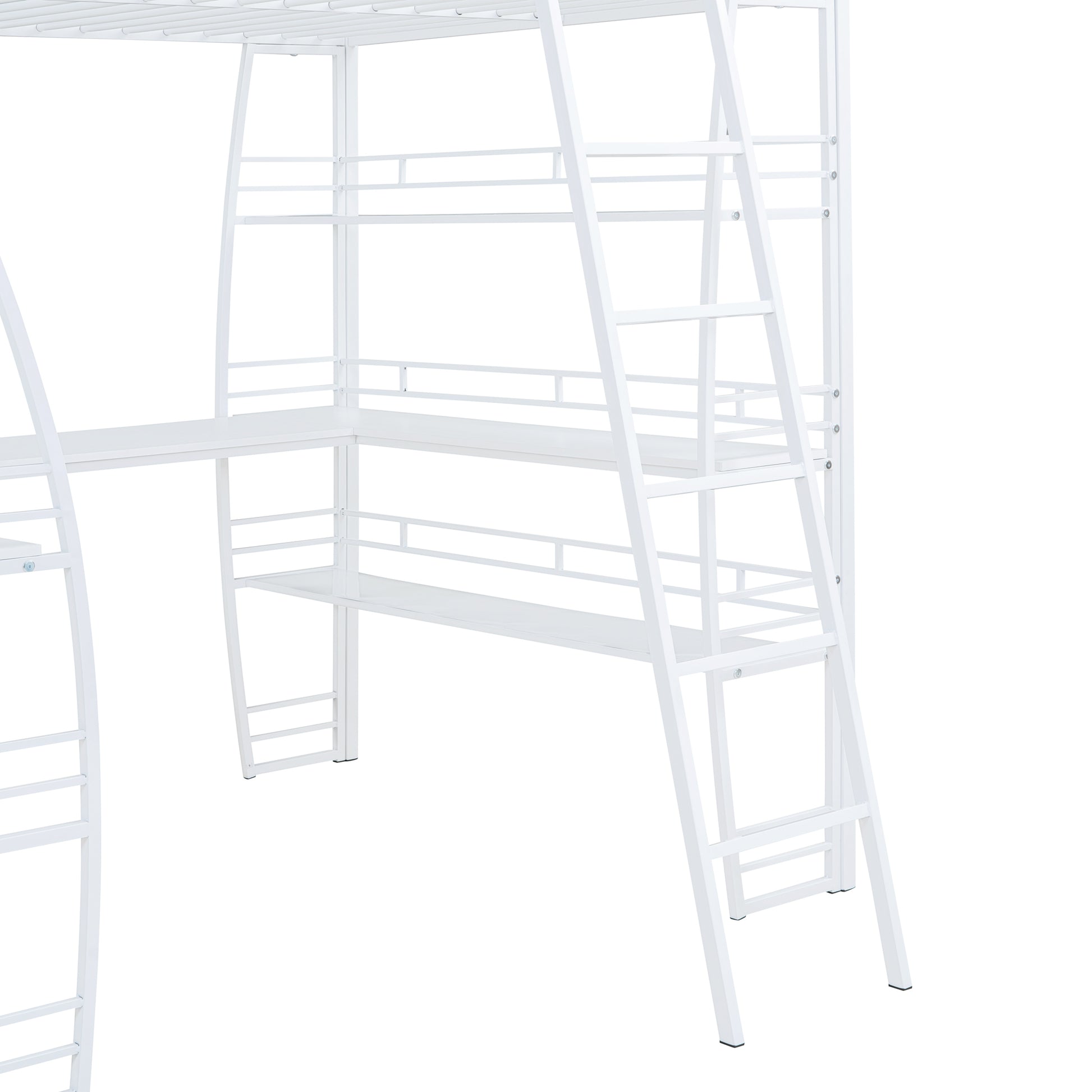 Full Size Loft Bed With 4 Layers Of Shelves And L Shaped Desk, Stylish Metal Frame Bed With A Set Of Sockets, Usb Ports And And Wireless Charging, White White Metal